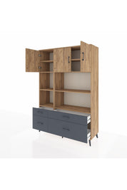 Hyperion Dolap 8 Raflı 4 Çekmeceli 3 Kapaklı 132x44x195 Çam-Çam/Antrasit
