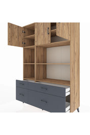 Hyperion Dolap 8 Raflı 4 Çekmeceli 3 Kapaklı 132x44x195 Çam-Çam/Antrasit