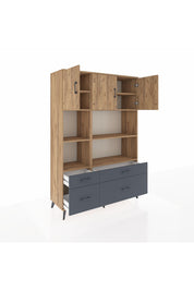 Hyperion Dolap 8 Raflı 4 Çekmeceli 3 Kapaklı 132x44x195 Çam-Çam/Antrasit