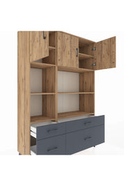 Hyperion Dolap 8 Raflı 4 Çekmeceli 3 Kapaklı 132x44x195 Çam-Çam/Antrasit