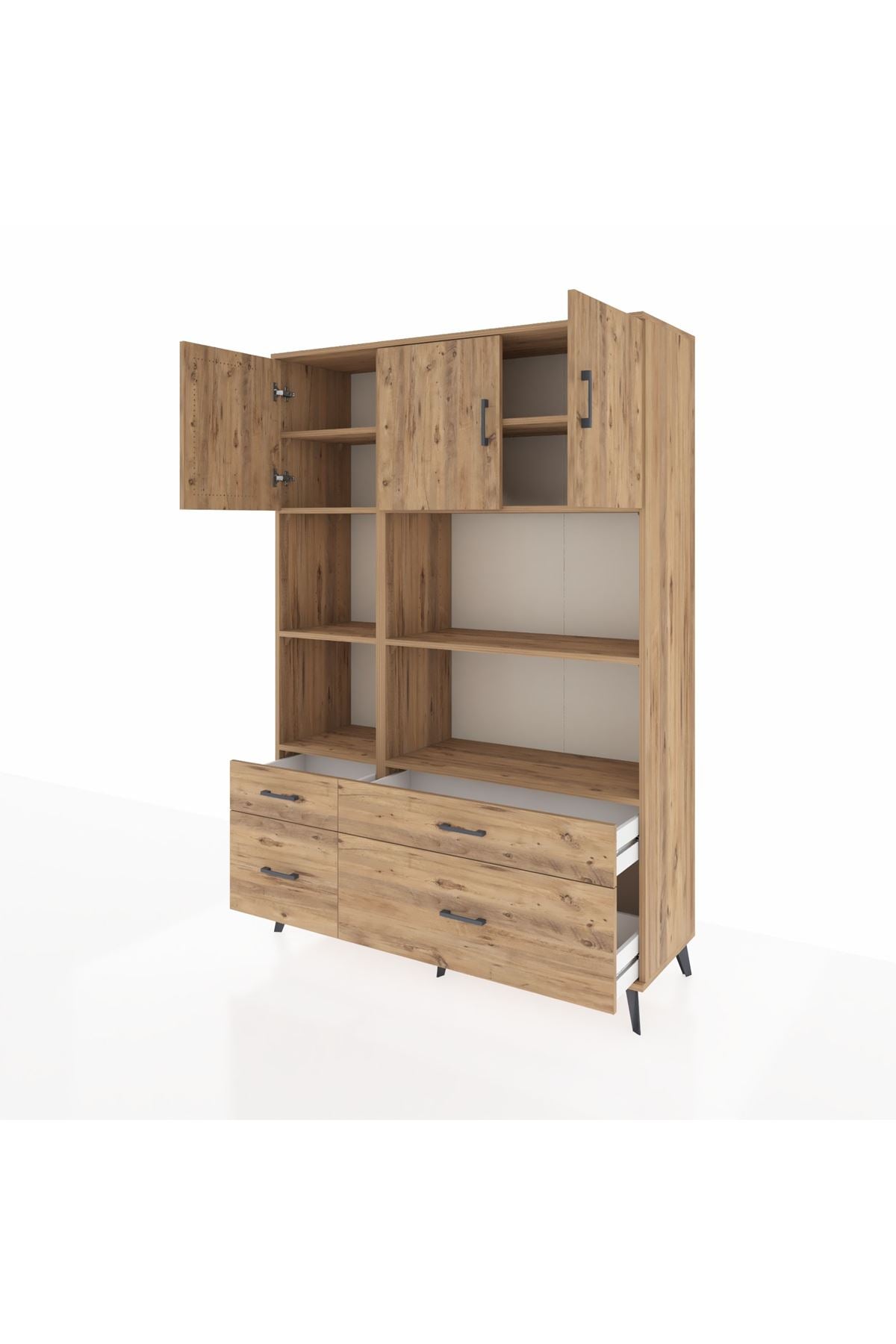 Hyperion Dolap 8 Raflı 4 Çekmeceli 3 Kapaklı 132x44x195 Çam-Çam/Çam