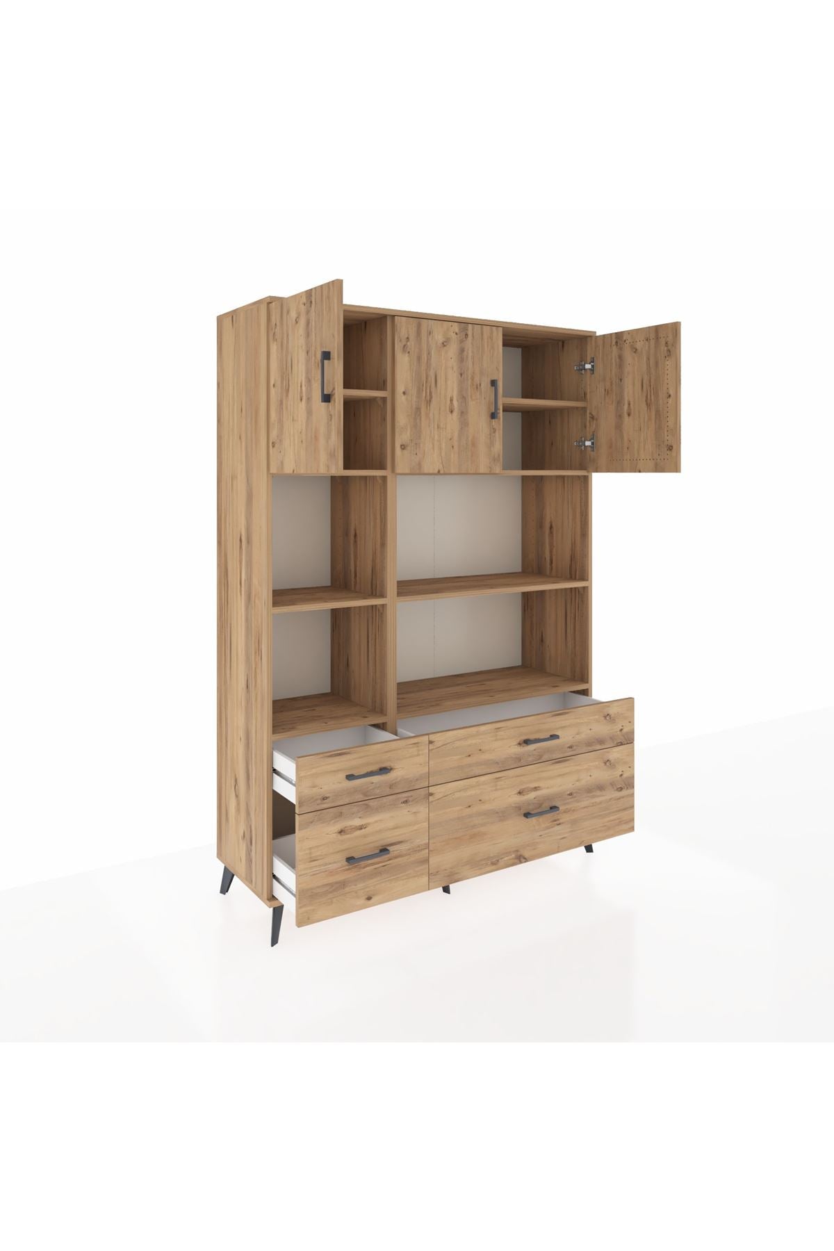 Hyperion Dolap 8 Raflı 4 Çekmeceli 3 Kapaklı 132x44x195 Çam-Çam/Çam