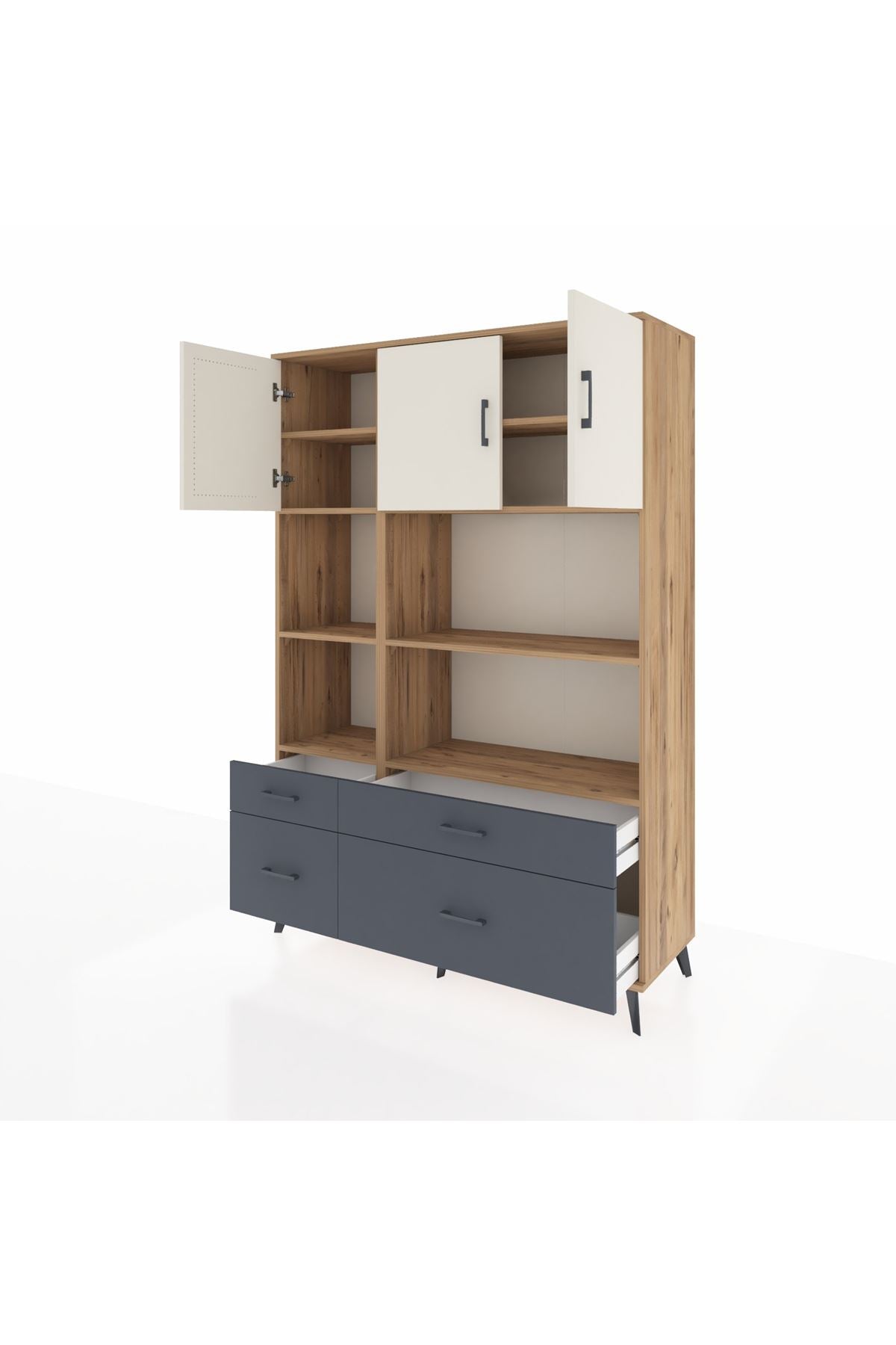 Hyperion Dolap 8 Raflı 4 Çekmeceli 3 Kapaklı 132x44x195 Çam-Aytaşı/Antrasit