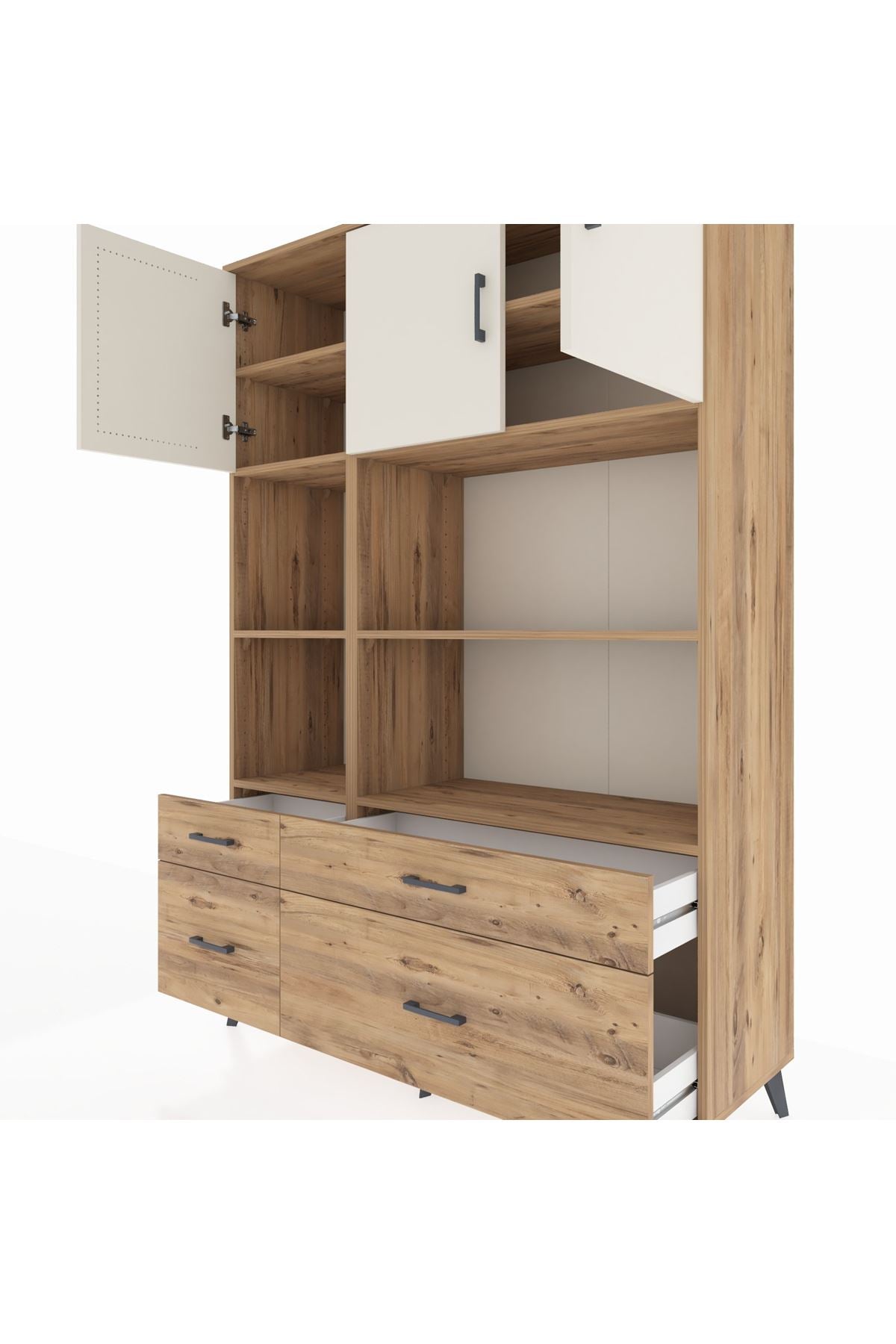 Hyperion Dolap 8 Raflı 4 Çekmeceli 3 Kapaklı 132x44x195 Çam-Aytaşı/Çam
