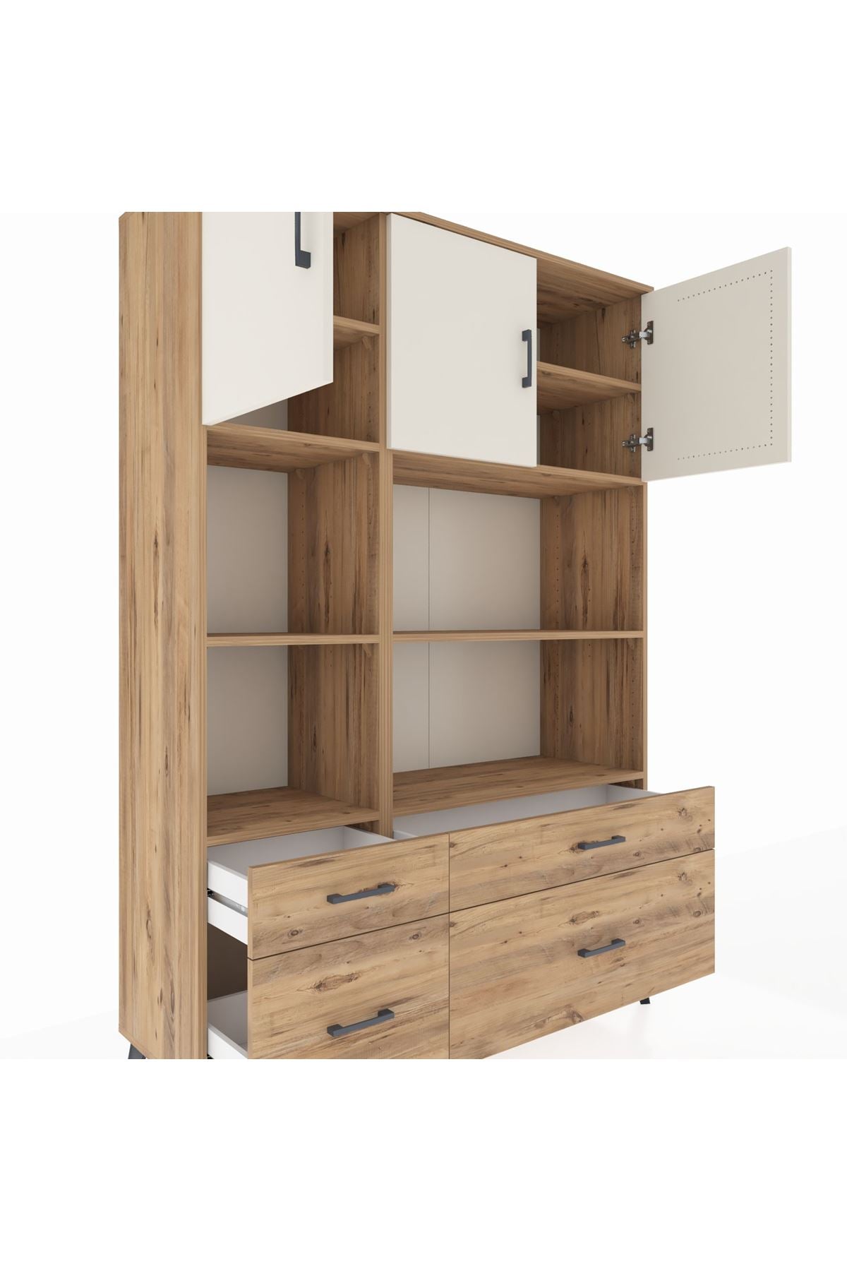Hyperion Dolap 8 Raflı 4 Çekmeceli 3 Kapaklı 132x44x195 Çam-Aytaşı/Çam