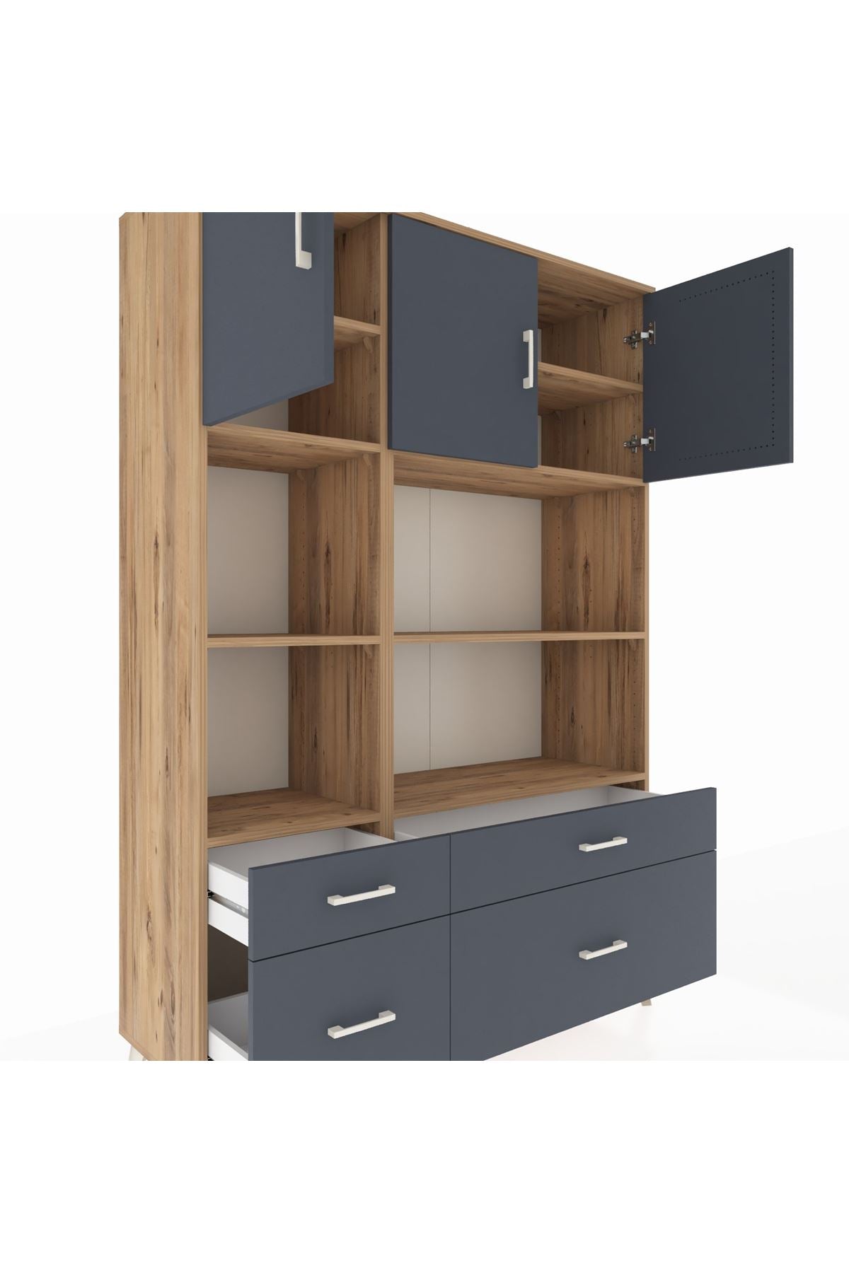 Hyperion Dolap 8 Raflı 4 Çekmeceli 3 Kapaklı 132x44x195 Çam-Antrasit/Antrasit
