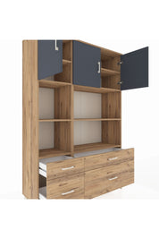 Hyperion Dolap 8 Raflı 4 Çekmeceli 3 Kapaklı 132x44x195 Çam-Antrasit/Çam