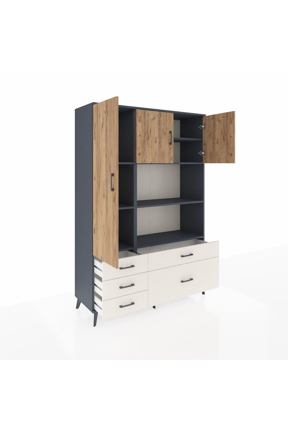 Hyperion Dolap 7 Raflı 5 Çekmeceli 3 Kapaklı 132x44x195 Antrasit-Çam/Aytaşı