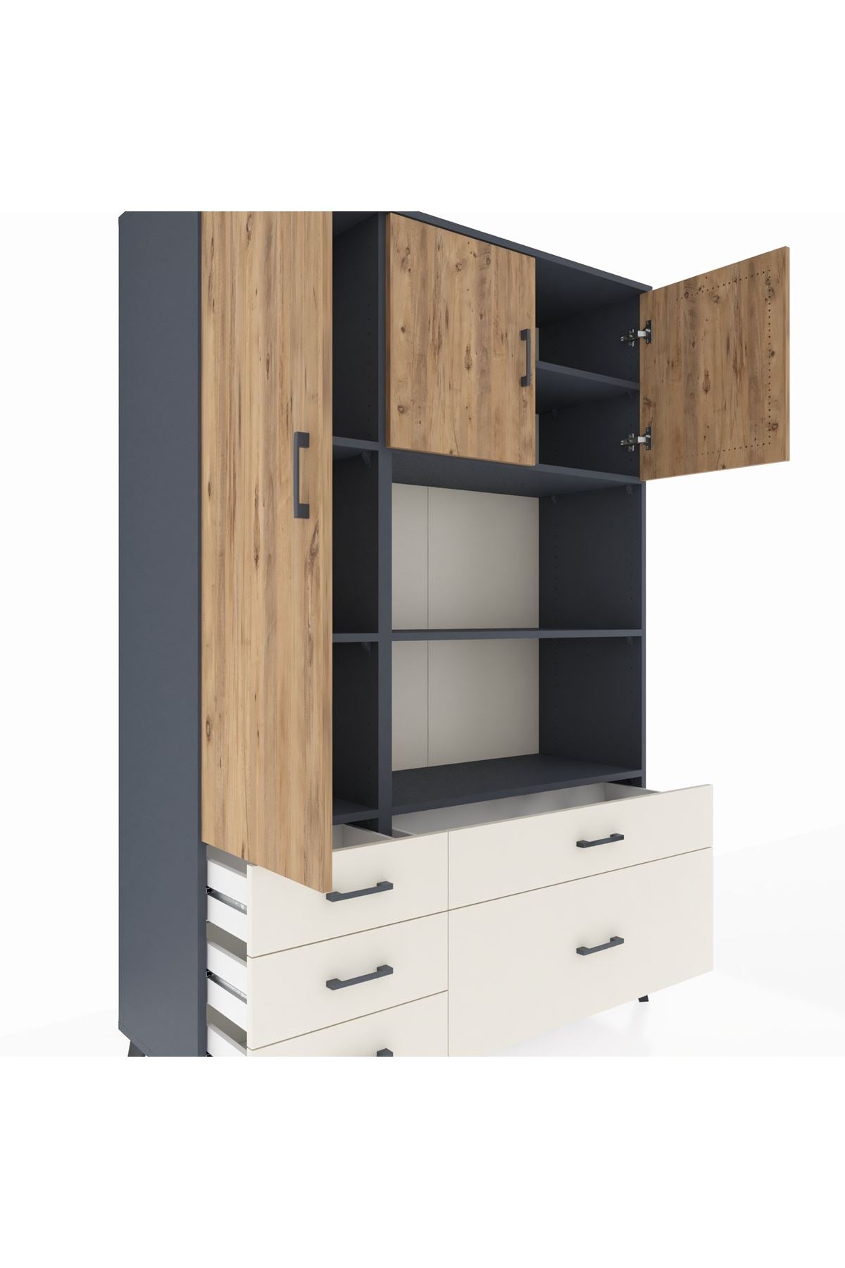 Hyperion Dolap 7 Raflı 5 Çekmeceli 3 Kapaklı 132x44x195 Antrasit-Çam/Aytaşı
