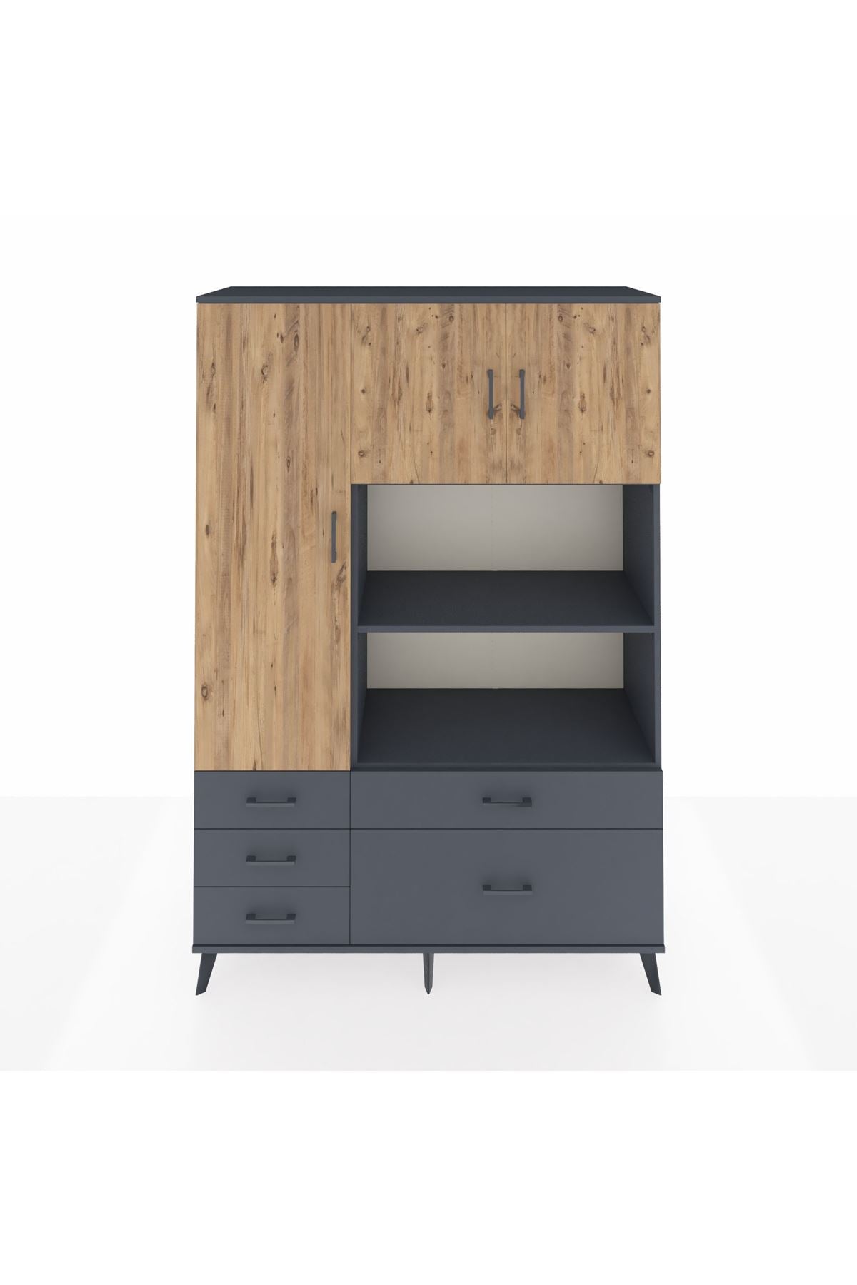 Hyperion Dolap 7 Raflı 5 Çekmeceli 3 Kapaklı 132x44x195 Antrasit-Çam/Antrasit