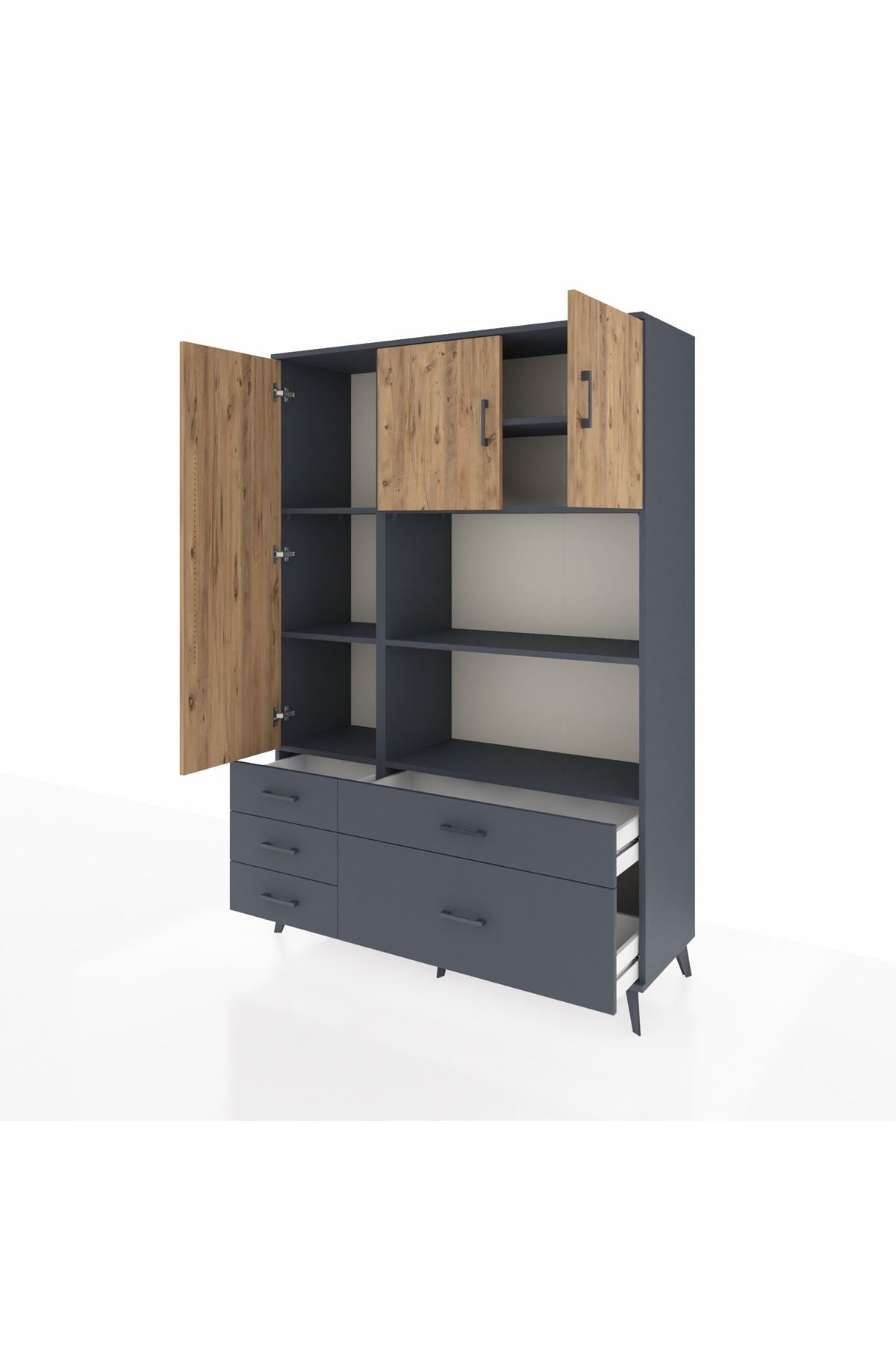 Hyperion Dolap 7 Raflı 5 Çekmeceli 3 Kapaklı 132x44x195 Antrasit-Çam/Antrasit