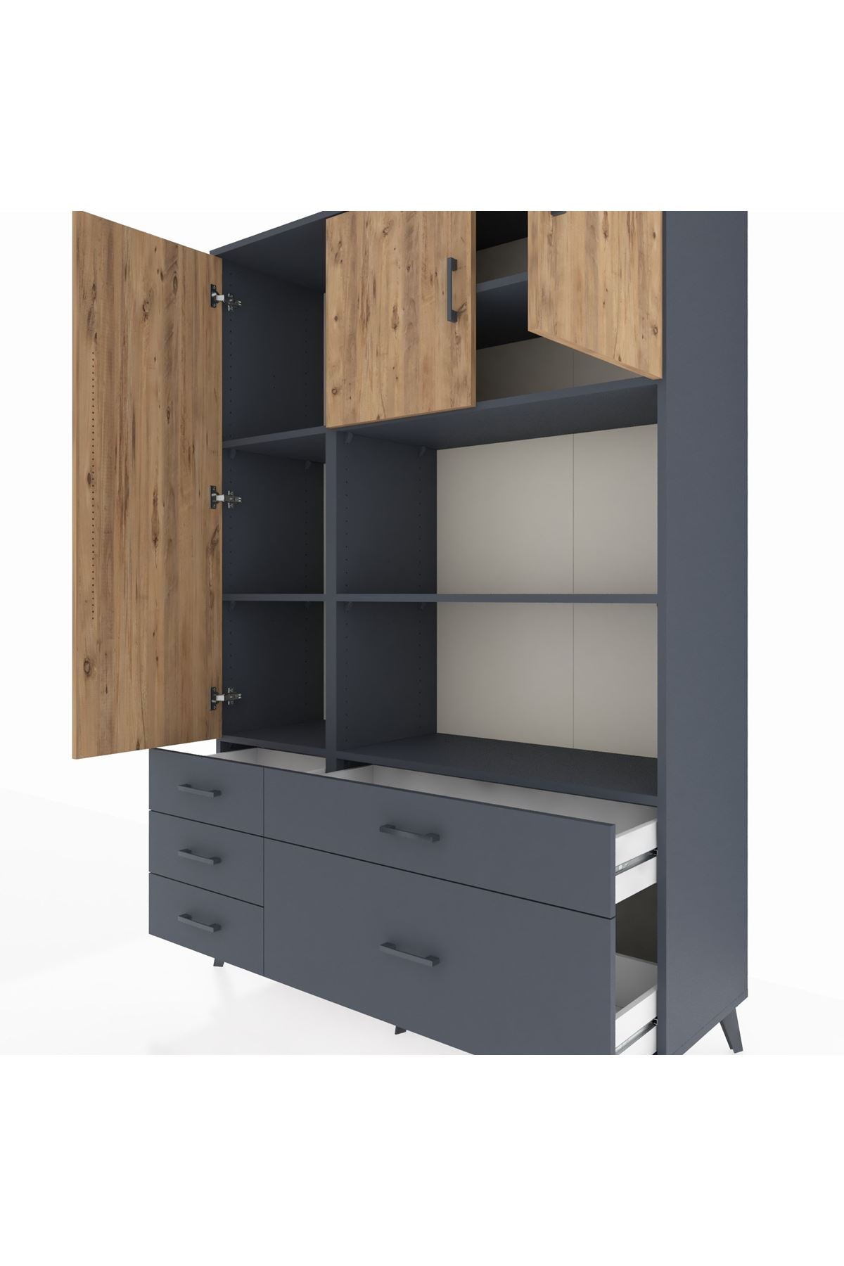 Hyperion Dolap 7 Raflı 5 Çekmeceli 3 Kapaklı 132x44x195 Antrasit-Çam/Antrasit