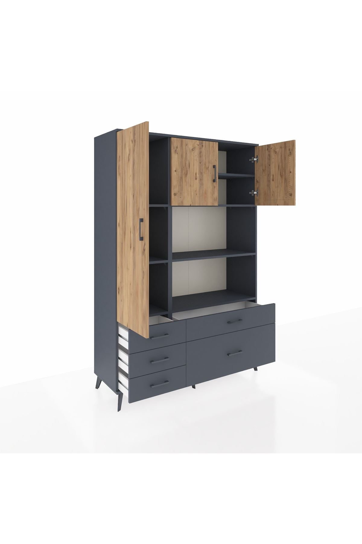 Hyperion Dolap 7 Raflı 5 Çekmeceli 3 Kapaklı 132x44x195 Antrasit-Çam/Antrasit