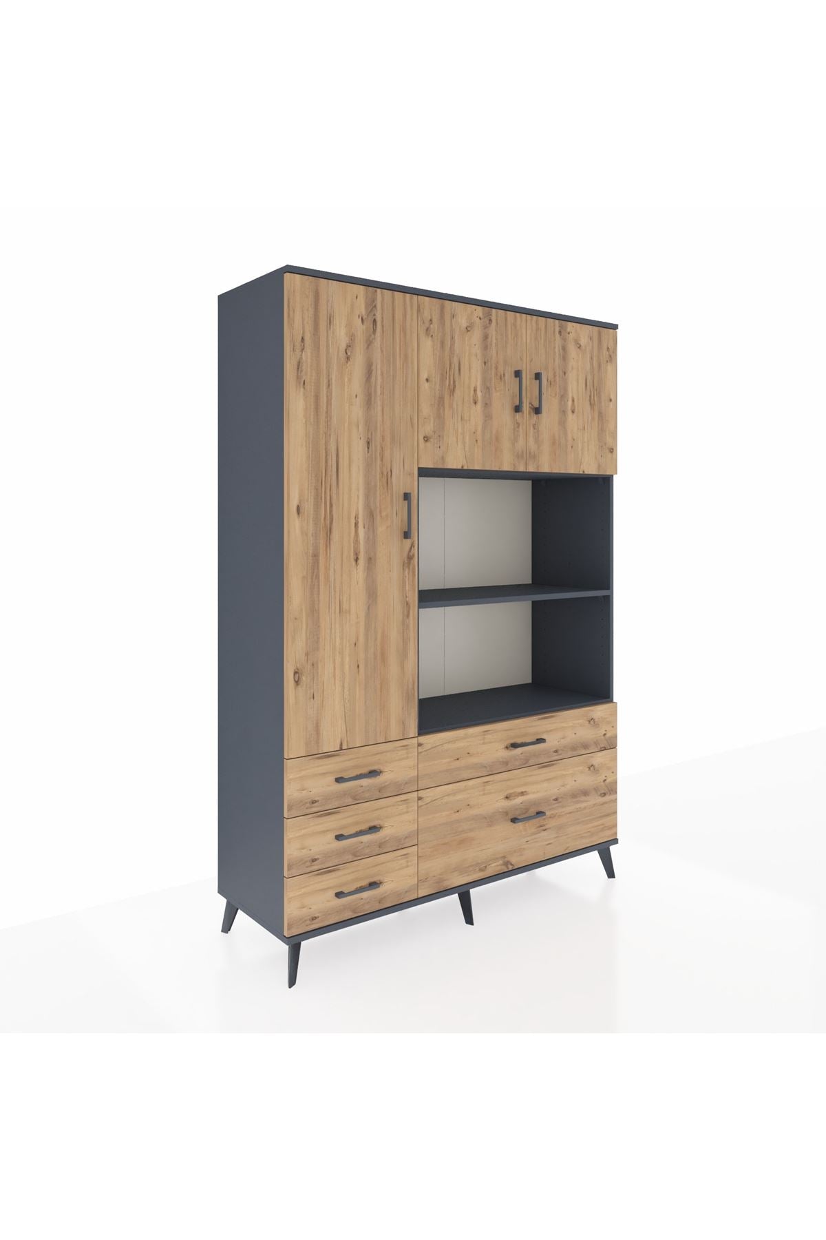 Hyperion Dolap 7 Raflı 5 Çekmeceli 3 Kapaklı 132x44x195 Antrasit-Çam/Çam