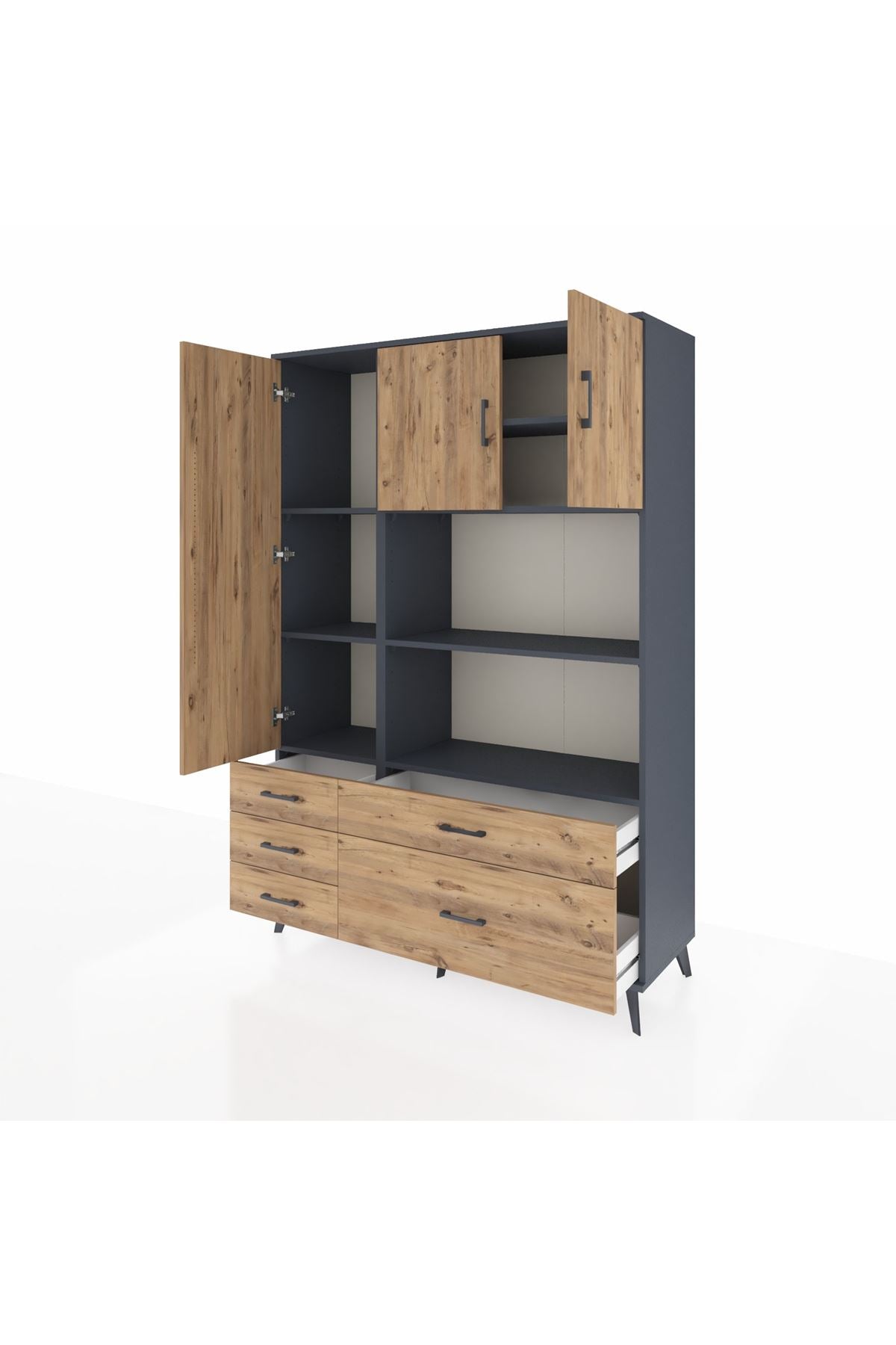 Hyperion Dolap 7 Raflı 5 Çekmeceli 3 Kapaklı 132x44x195 Antrasit-Çam/Çam