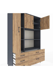 Hyperion Dolap 7 Raflı 5 Çekmeceli 3 Kapaklı 132x44x195 Antrasit-Çam/Çam