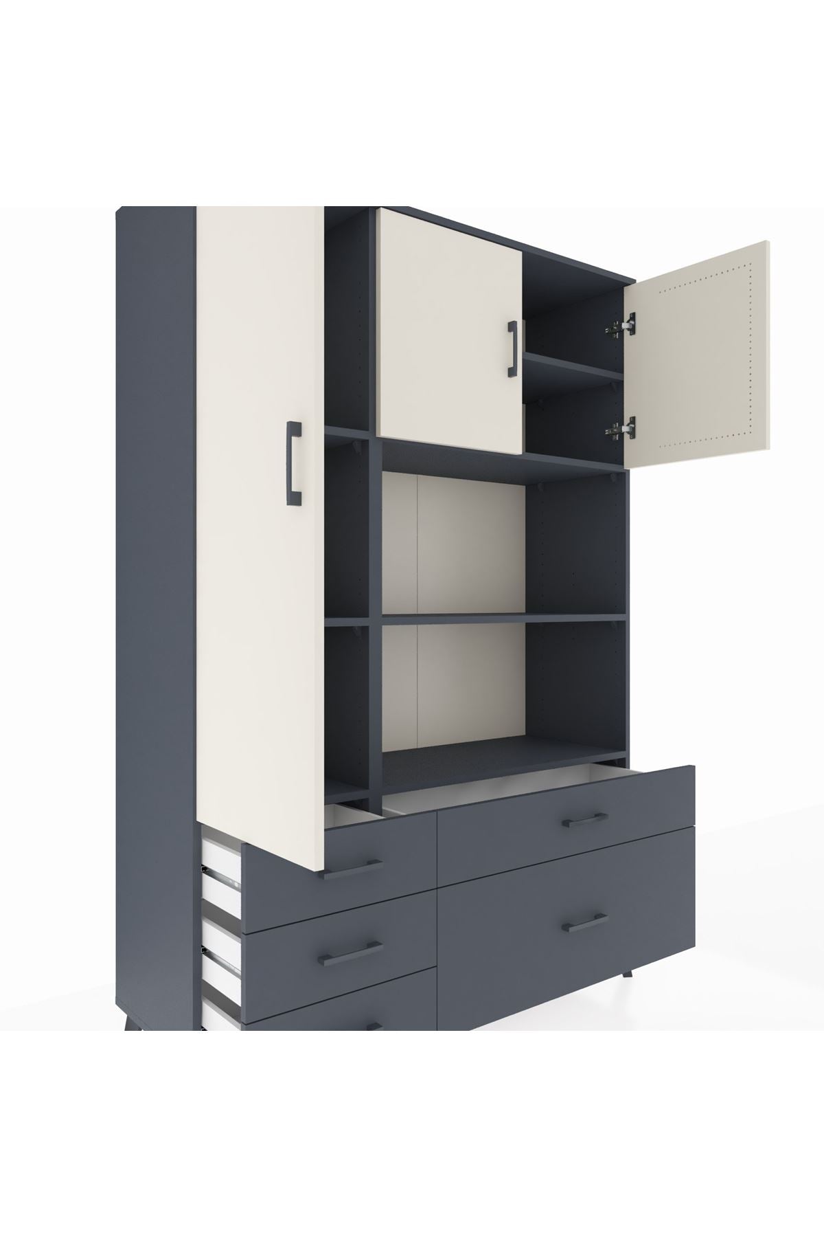 Hyperion Dolap 7 Raflı 5 Çekmeceli 3 Kapaklı 132x44x195 Antrasit-Aytaşı/Antrasit