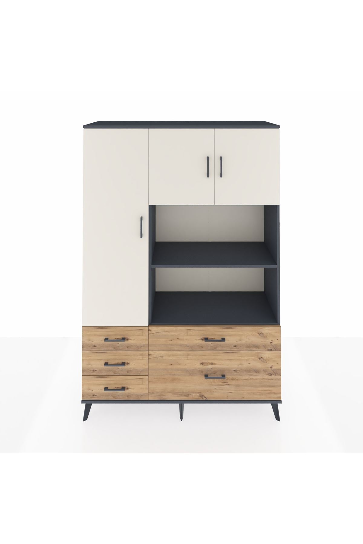 Hyperion Dolap 7 Raflı 5 Çekmeceli 3 Kapaklı 132x44x195 Antrasit-Aytaşı/Çam