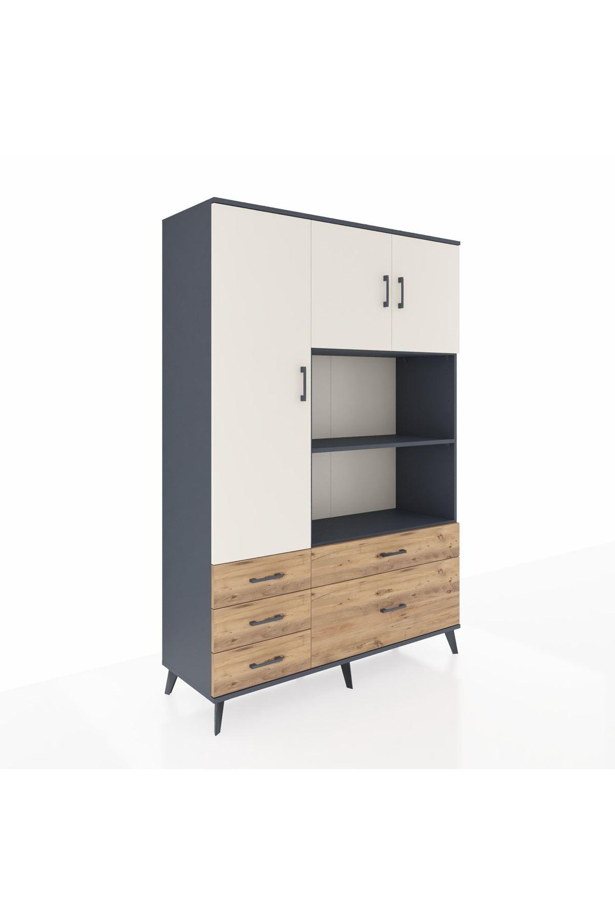 Hyperion Dolap 7 Raflı 5 Çekmeceli 3 Kapaklı 132x44x195 Antrasit-Aytaşı/Çam