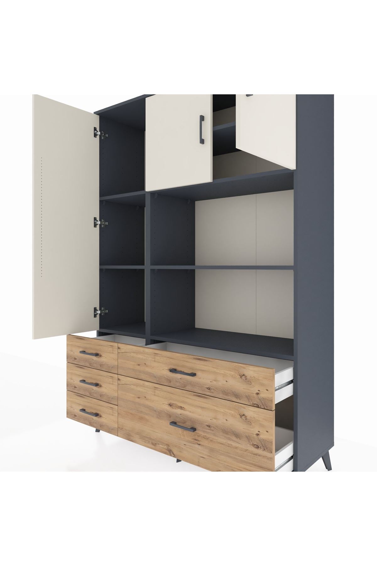 Hyperion Dolap 7 Raflı 5 Çekmeceli 3 Kapaklı 132x44x195 Antrasit-Aytaşı/Çam