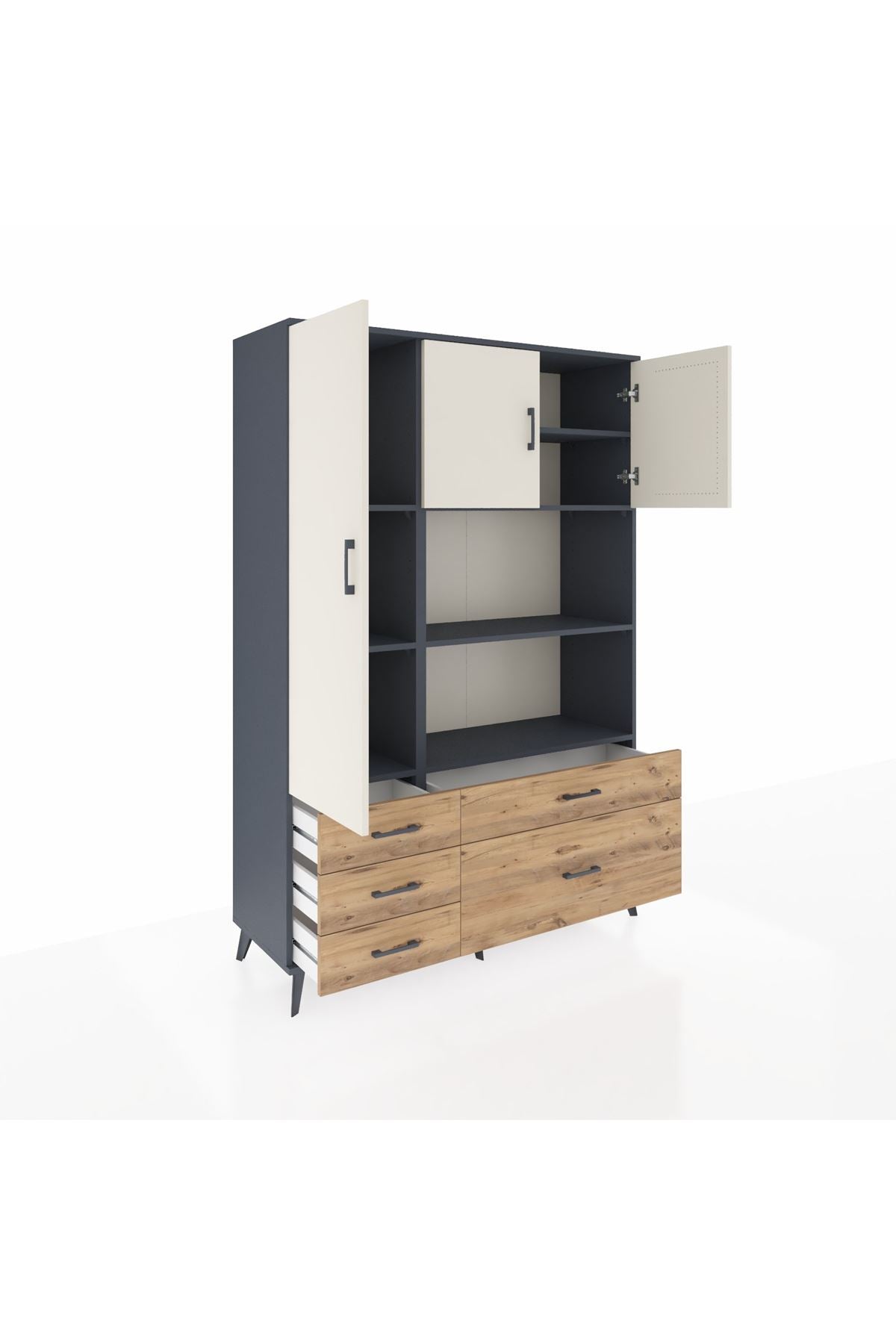 Hyperion Dolap 7 Raflı 5 Çekmeceli 3 Kapaklı 132x44x195 Antrasit-Aytaşı/Çam