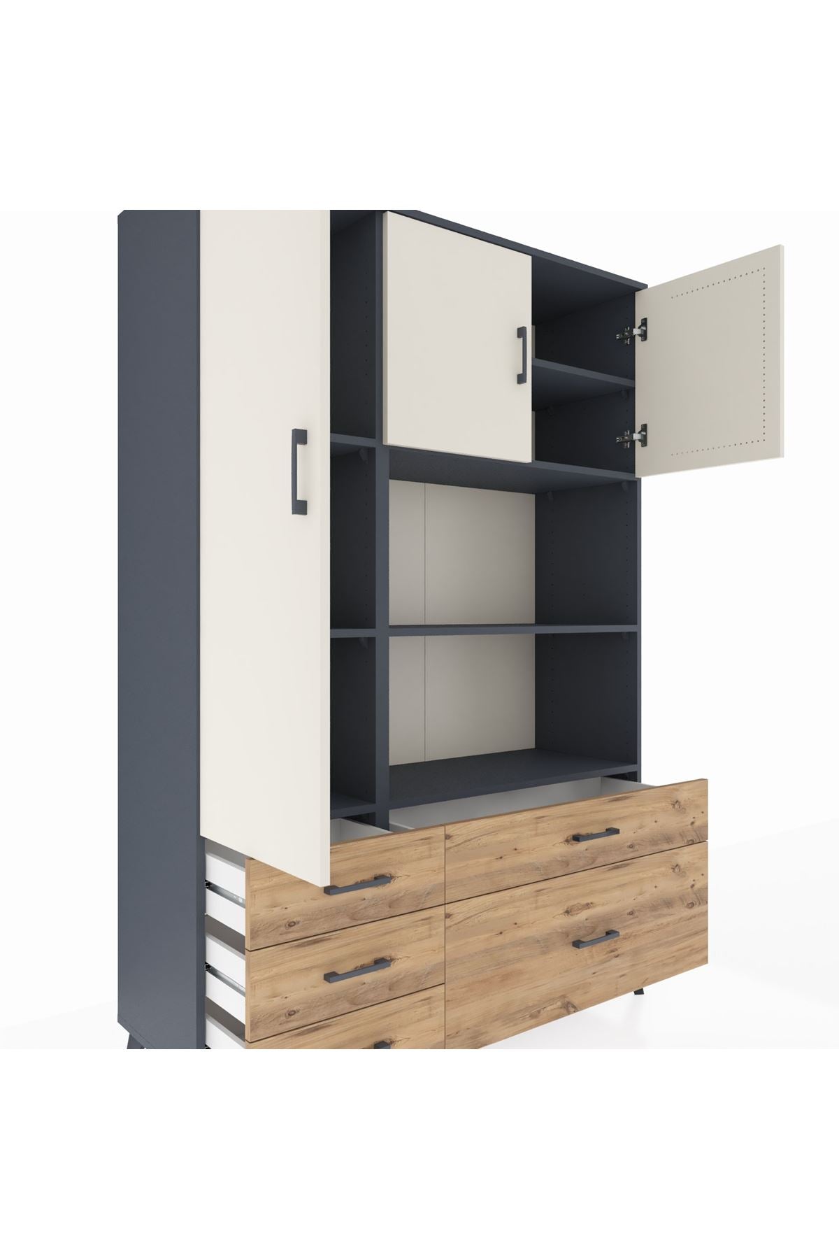 Hyperion Dolap 7 Raflı 5 Çekmeceli 3 Kapaklı 132x44x195 Antrasit-Aytaşı/Çam