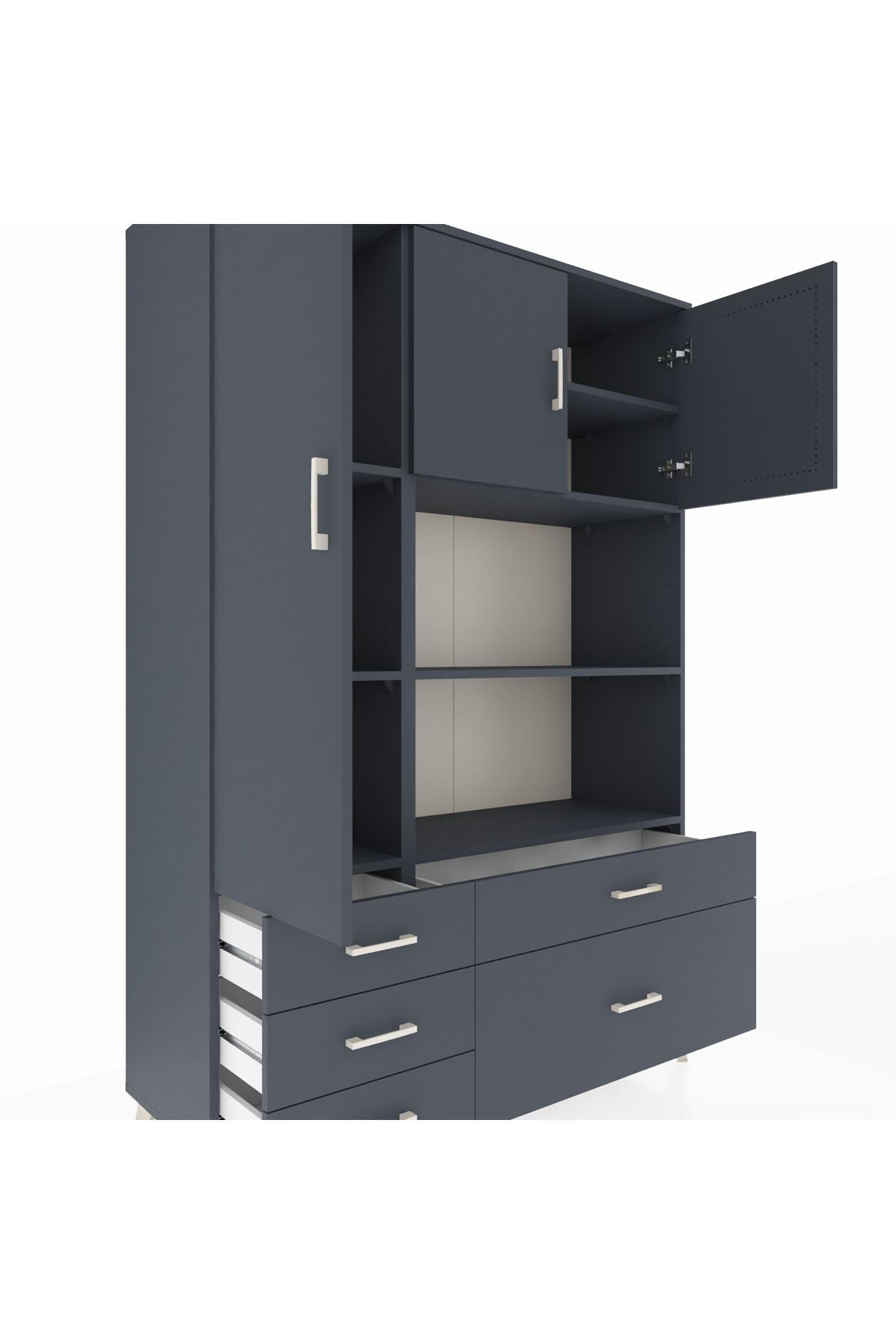 Hyperion Dolap 7 Raflı 5 Çekmeceli 3 Kapaklı 132x44x195 Antrasit-Antrasit/Antrasit