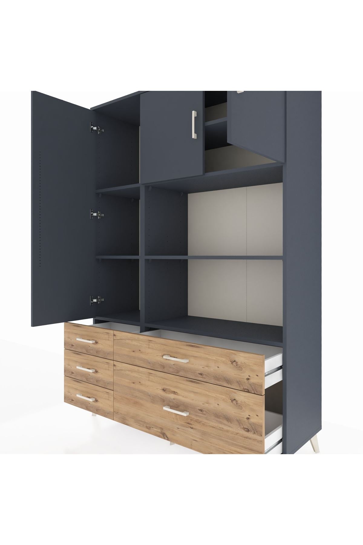 Hyperion Dolap 7 Raflı 5 Çekmeceli 3 Kapaklı 132x44x195 Antrasit-Antrasit/Çam