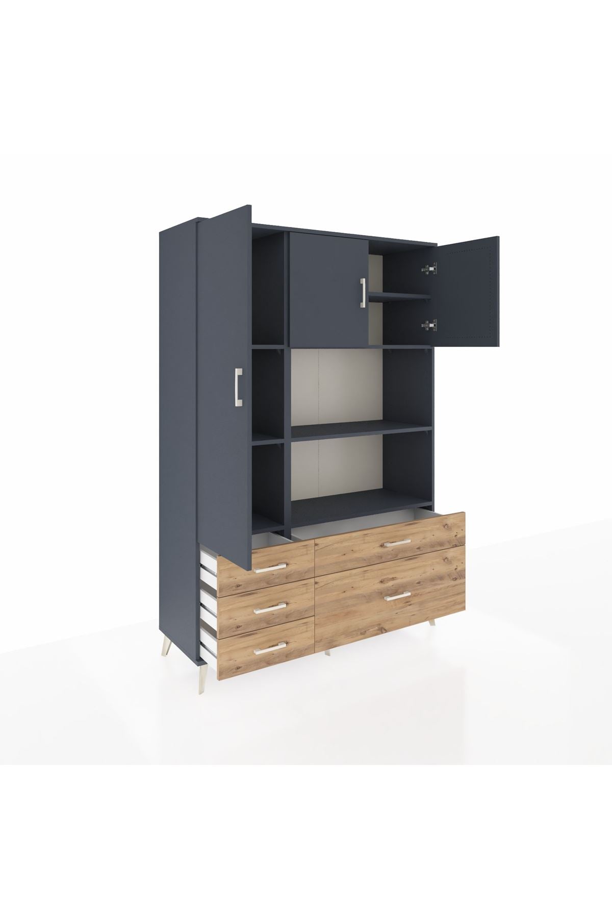 Hyperion Dolap 7 Raflı 5 Çekmeceli 3 Kapaklı 132x44x195 Antrasit-Antrasit/Çam