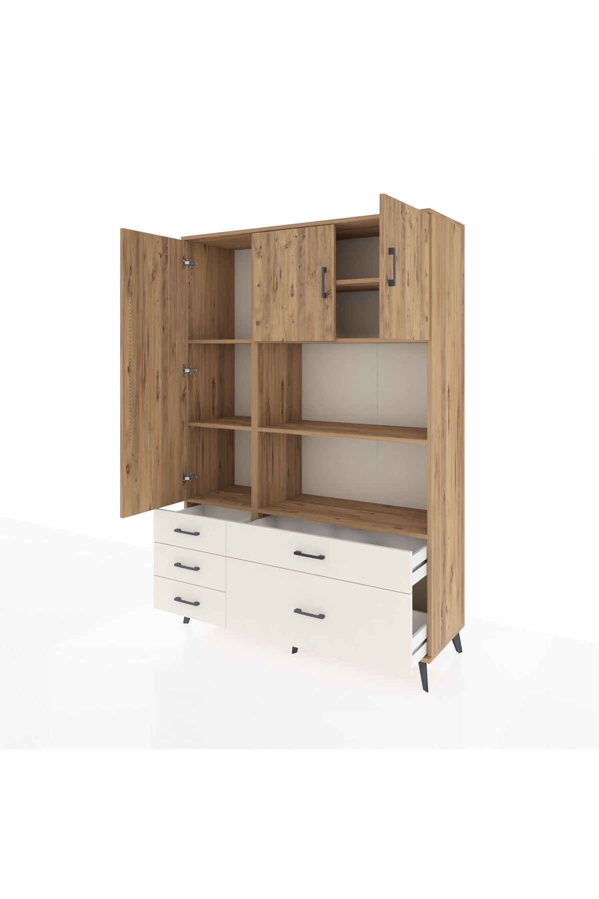 Hyperion Dolap 7 Raflı 5 Çekmeceli 3 Kapaklı 132x44x195 Çam-Çam/Aytaşı