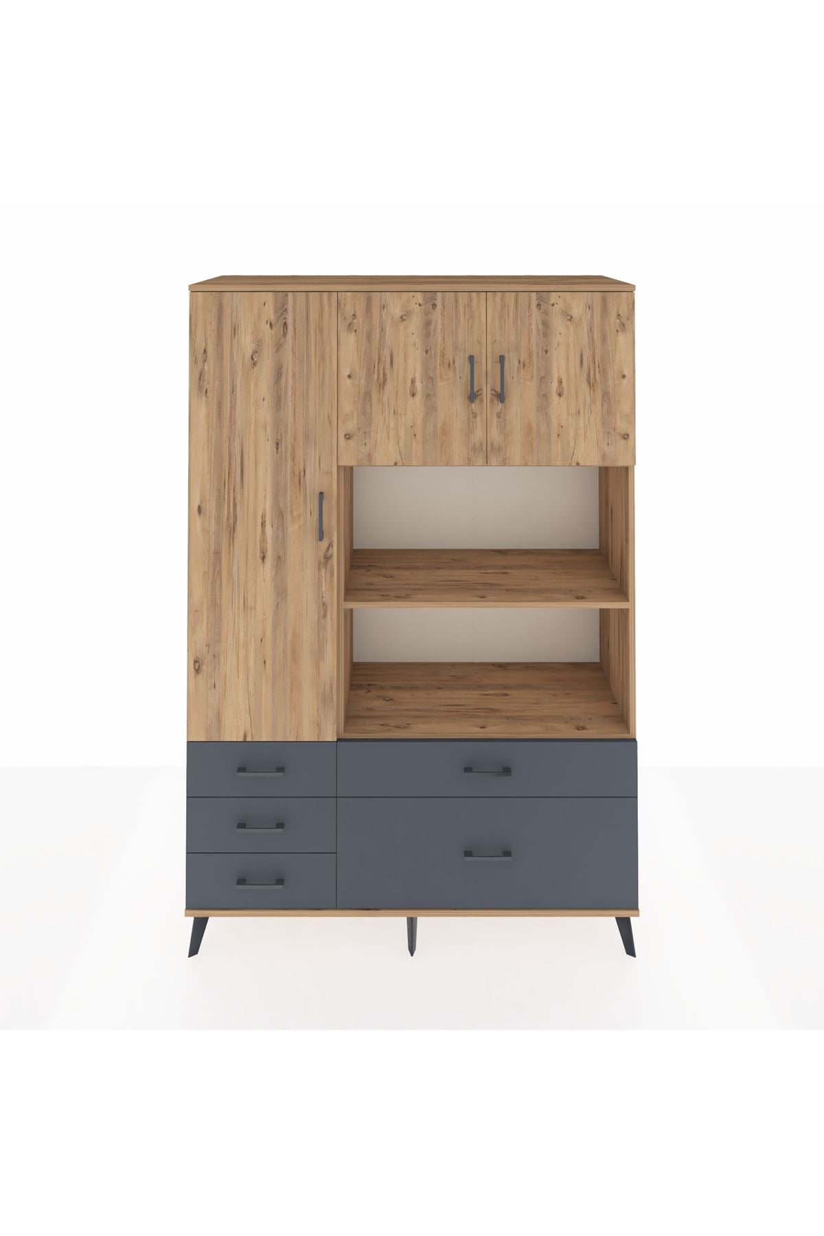 Hyperion Dolap 7 Raflı 5 Çekmeceli 3 Kapaklı 132x44x195 Çam-Çam/Antrasit