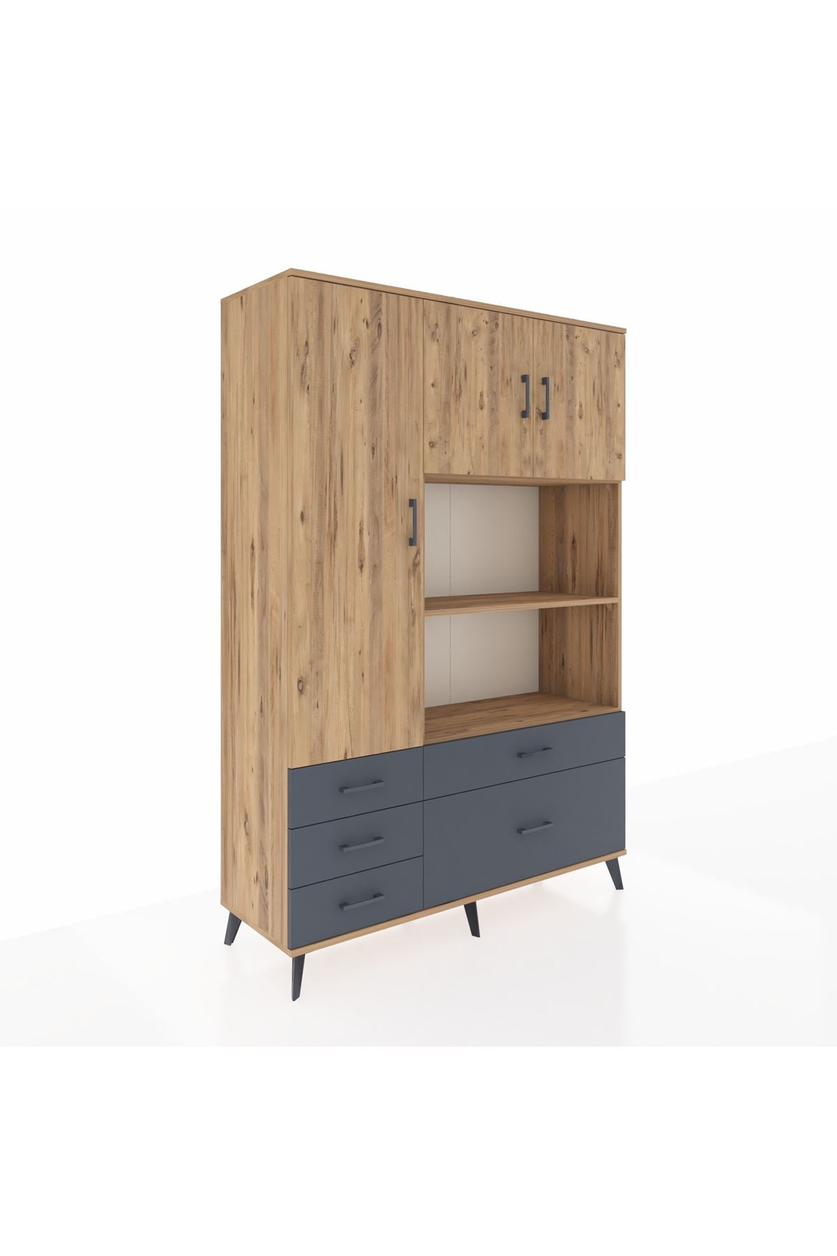 Hyperion Dolap 7 Raflı 5 Çekmeceli 3 Kapaklı 132x44x195 Çam-Çam/Antrasit