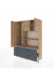 Hyperion Dolap 7 Raflı 5 Çekmeceli 3 Kapaklı 132x44x195 Çam-Çam/Antrasit