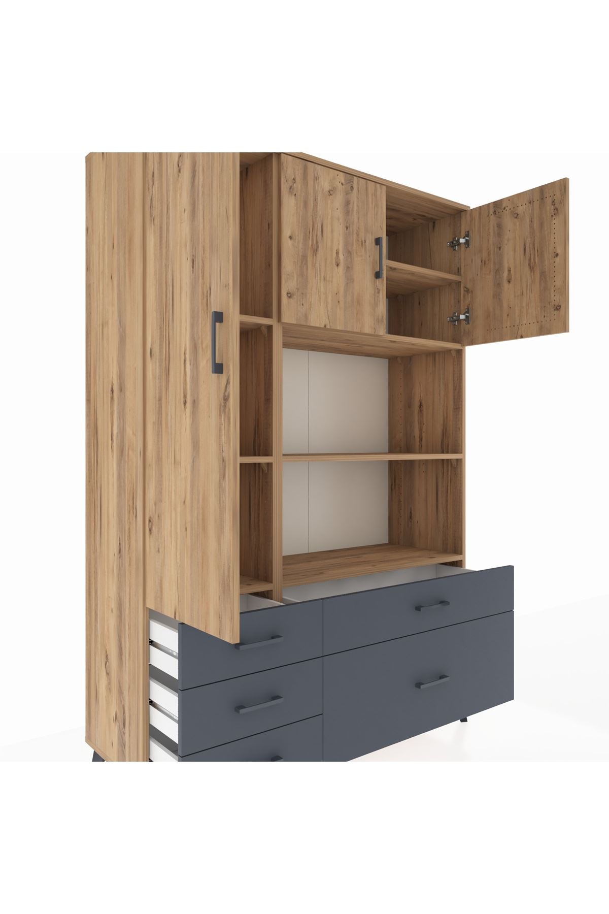 Hyperion Dolap 7 Raflı 5 Çekmeceli 3 Kapaklı 132x44x195 Çam-Çam/Antrasit