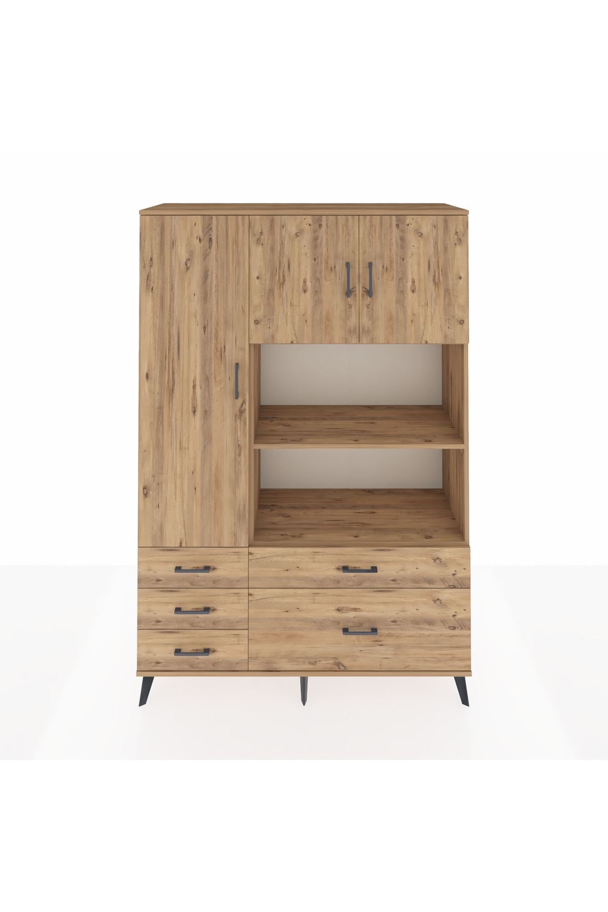 Hyperion Dolap 7 Raflı 5 Çekmeceli 3 Kapaklı 132x44x195 Çam-Çam/Çam