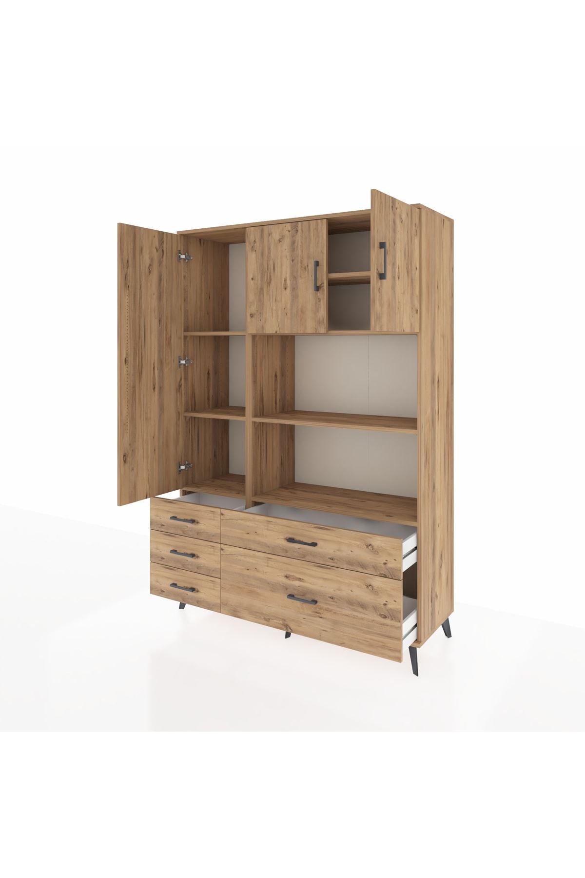 Hyperion Dolap 7 Raflı 5 Çekmeceli 3 Kapaklı 132x44x195 Çam-Çam/Çam