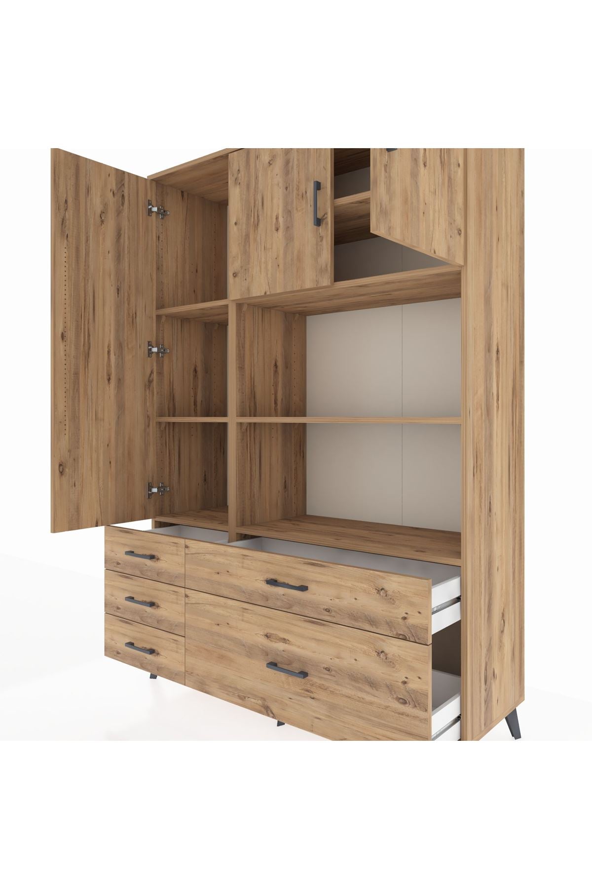 Hyperion Dolap 7 Raflı 5 Çekmeceli 3 Kapaklı 132x44x195 Çam-Çam/Çam