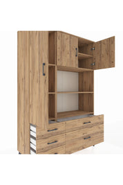 Hyperion Dolap 7 Raflı 5 Çekmeceli 3 Kapaklı 132x44x195 Çam-Çam/Çam