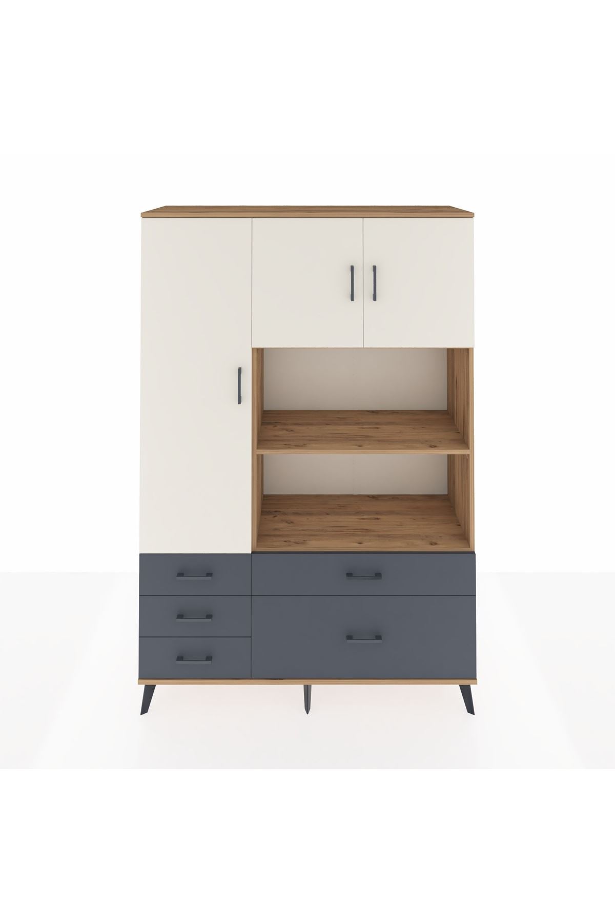 Hyperion Dolap 7 Raflı 5 Çekmeceli 3 Kapaklı 132x44x195 Çam-Aytaşı/Antrasit