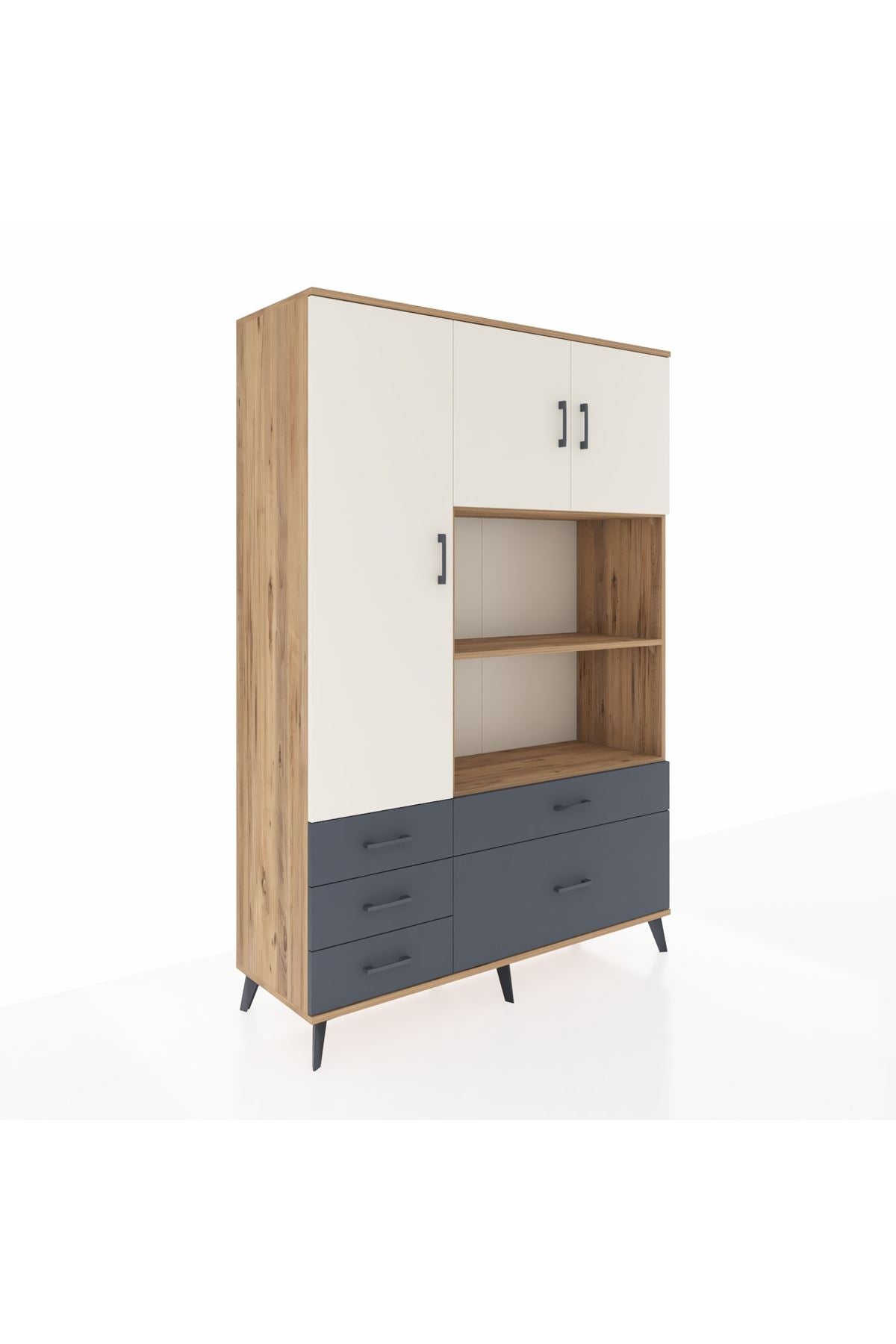 Hyperion Dolap 7 Raflı 5 Çekmeceli 3 Kapaklı 132x44x195 Çam-Aytaşı/Antrasit
