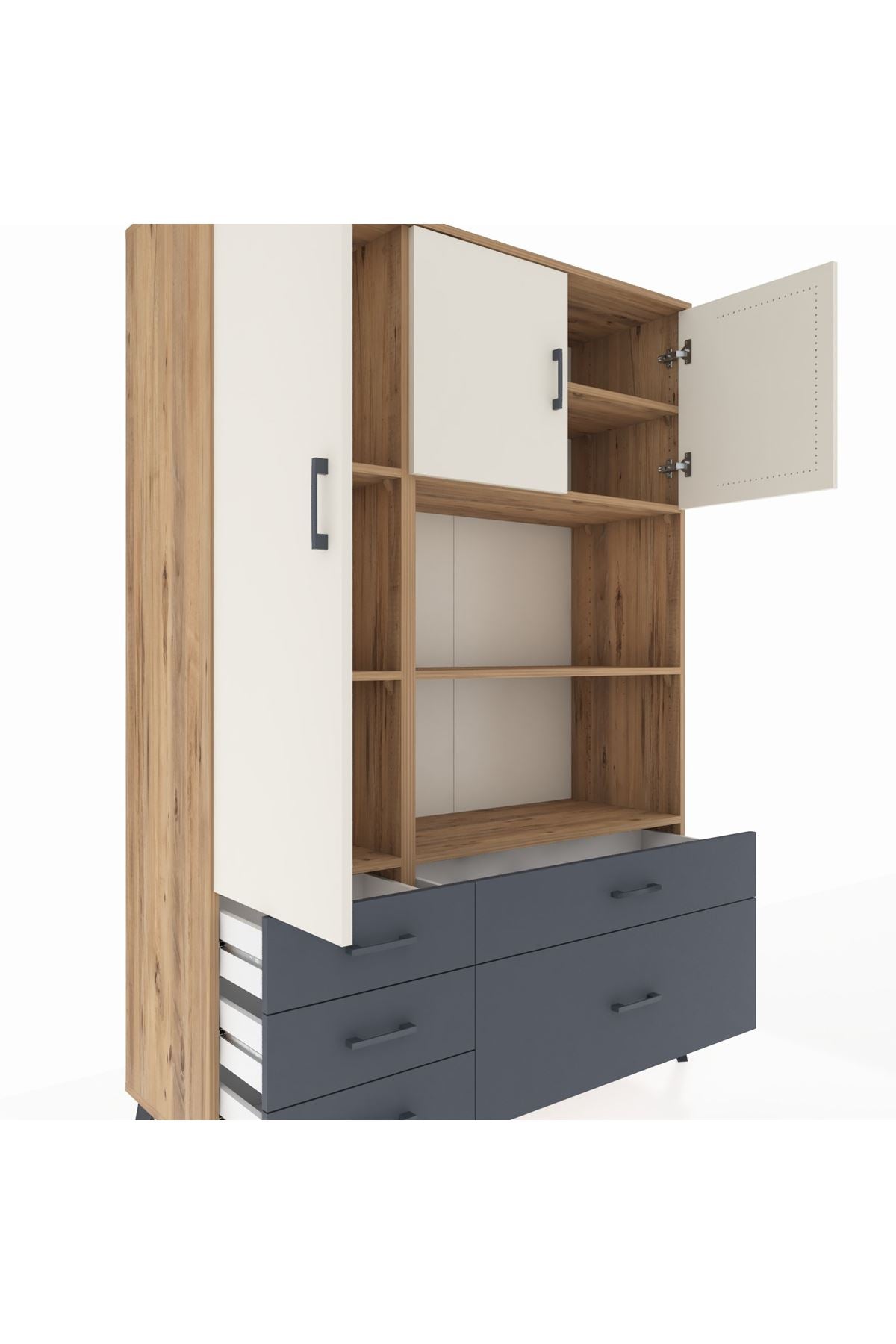 Hyperion Dolap 7 Raflı 5 Çekmeceli 3 Kapaklı 132x44x195 Çam-Aytaşı/Antrasit