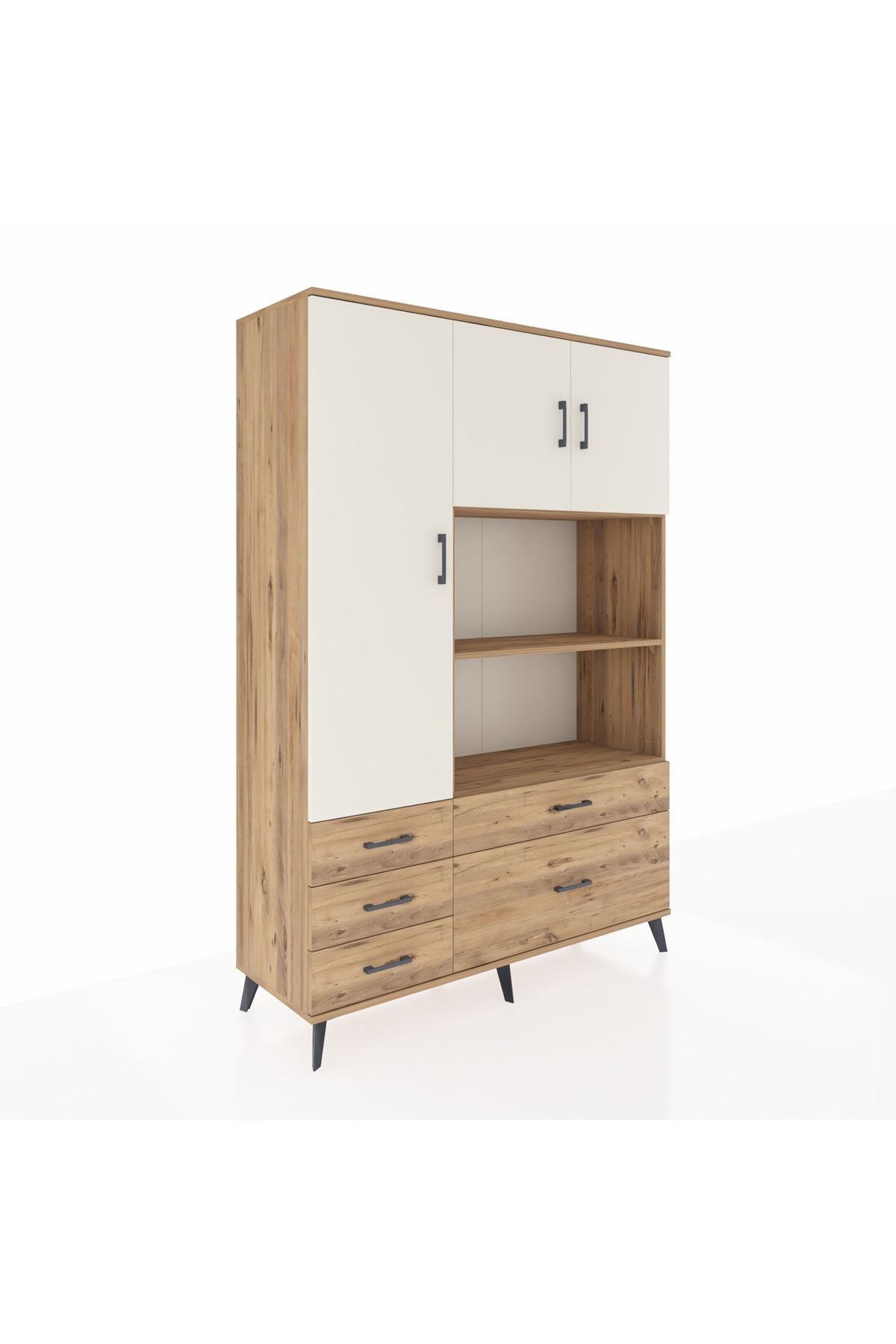 Hyperion Dolap 7 Raflı 5 Çekmeceli 3 Kapaklı 132x44x195 Çam-Aytaşı/Çam