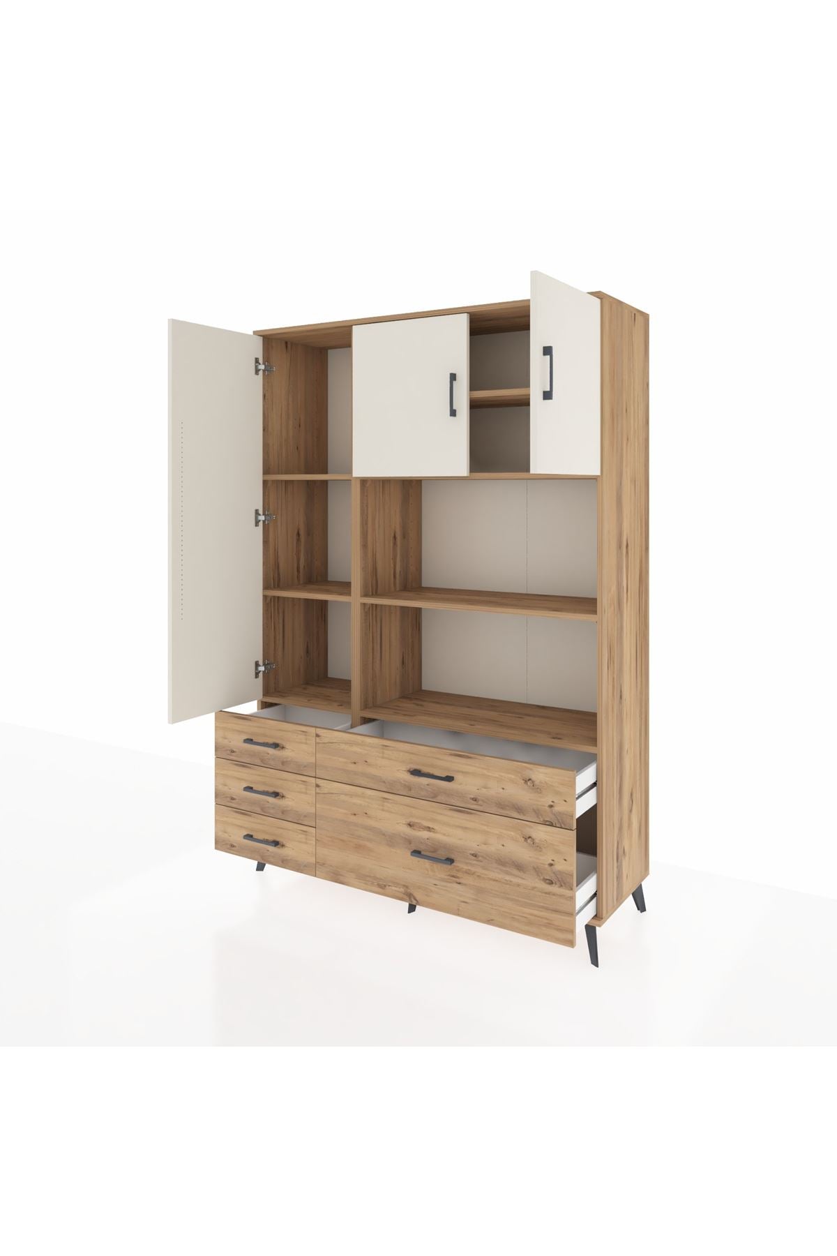 Hyperion Dolap 7 Raflı 5 Çekmeceli 3 Kapaklı 132x44x195 Çam-Aytaşı/Çam