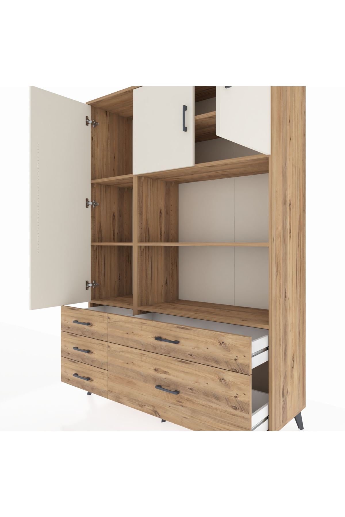 Hyperion Dolap 7 Raflı 5 Çekmeceli 3 Kapaklı 132x44x195 Çam-Aytaşı/Çam