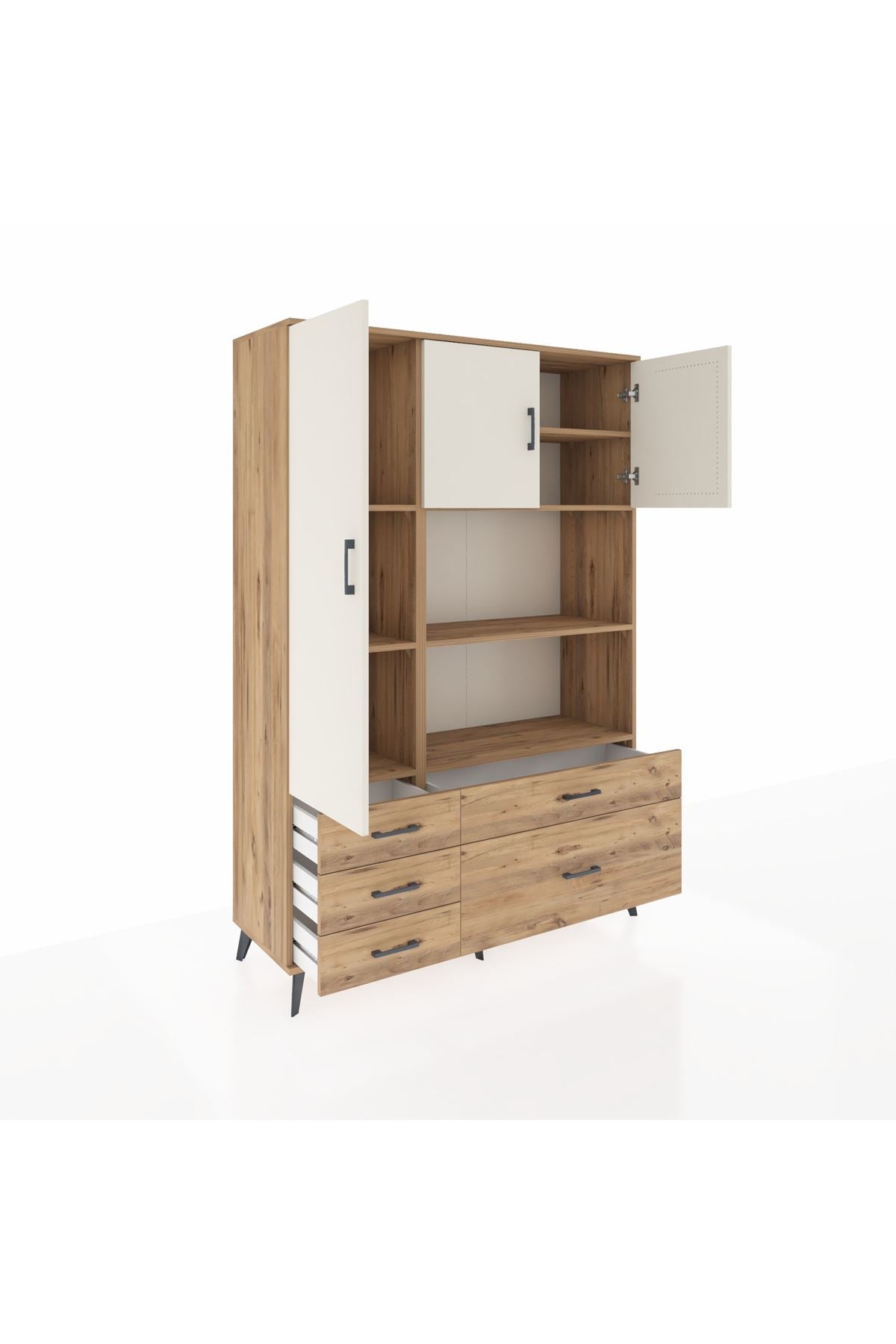 Hyperion Dolap 7 Raflı 5 Çekmeceli 3 Kapaklı 132x44x195 Çam-Aytaşı/Çam