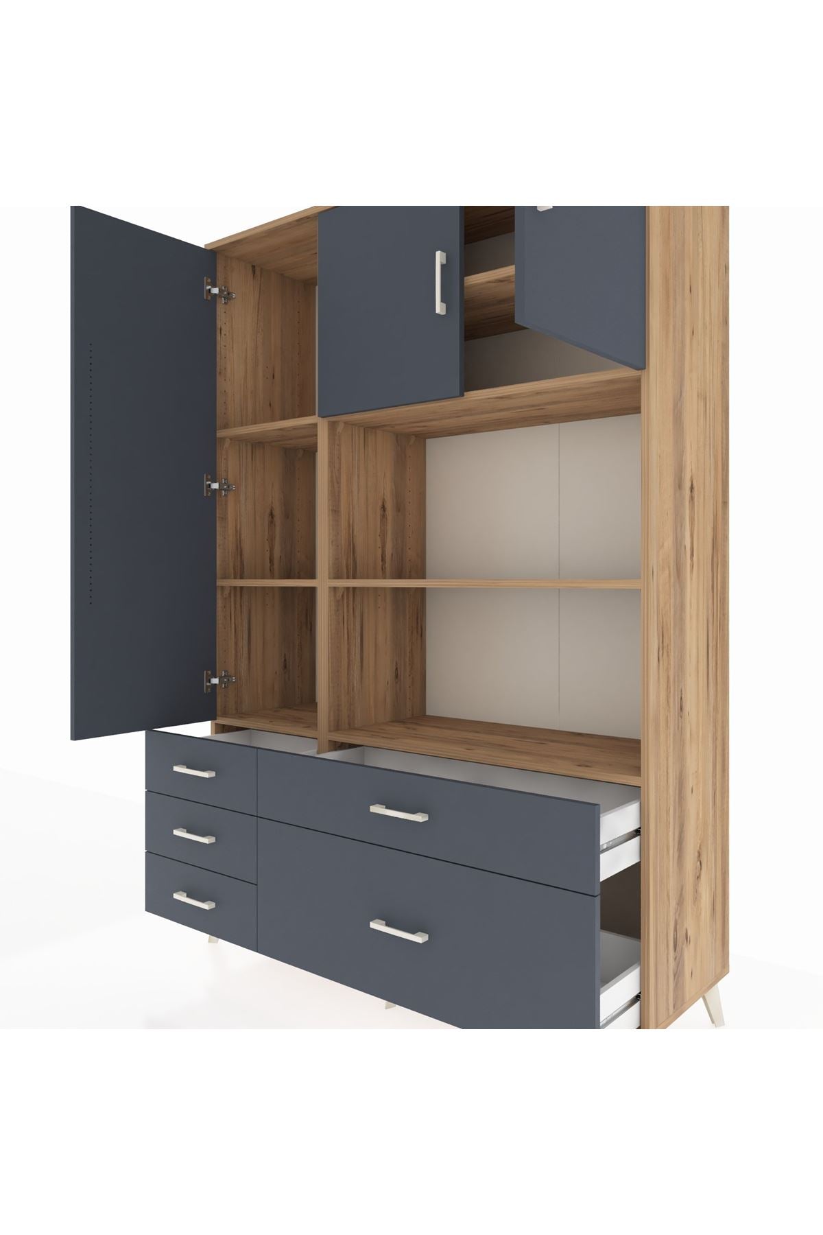 Hyperion Dolap 7 Raflı 5 Çekmeceli 3 Kapaklı 132x44x195 Çam-Antrasit/Antrasit