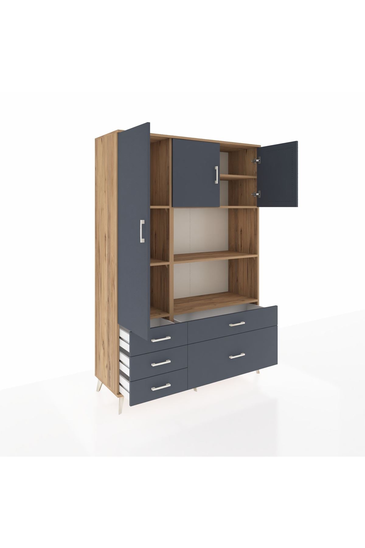 Hyperion Dolap 7 Raflı 5 Çekmeceli 3 Kapaklı 132x44x195 Çam-Antrasit/Antrasit