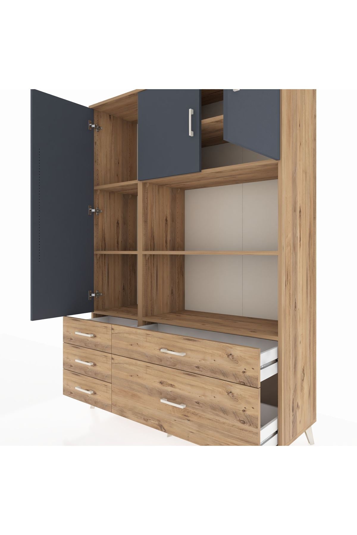 Hyperion Dolap 7 Raflı 5 Çekmeceli 3 Kapaklı 132x44x195 Çam-Antrasit/Çam