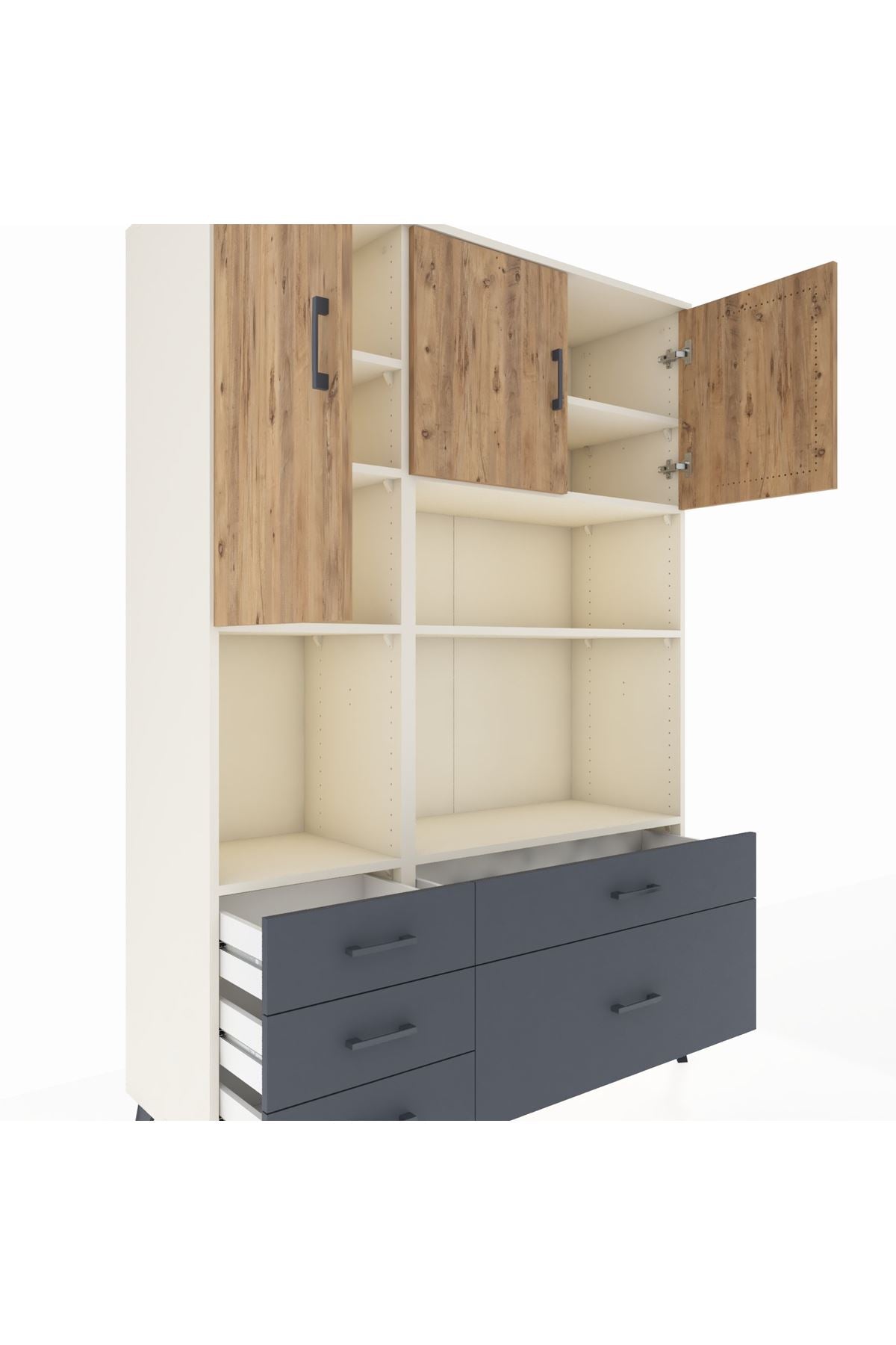Hyperion Dolap 8 Raflı 5 Çekmeceli 3 Kapaklı 132x44x195 Aytaşı-Çam/Antrasit
