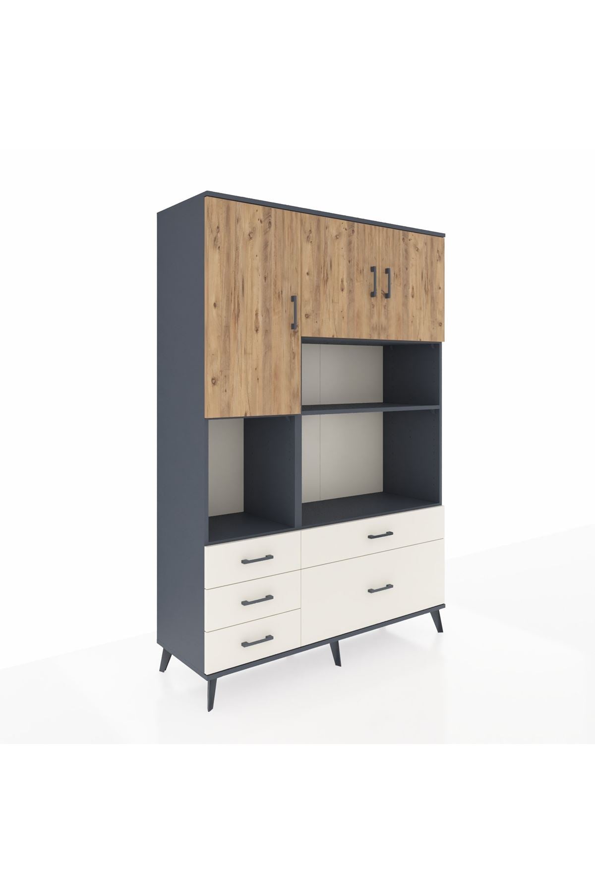 Hyperion Dolap 8 Raflı 5 Çekmeceli 3 Kapaklı 132x44x195 Antrasit-Çam/Aytaşı